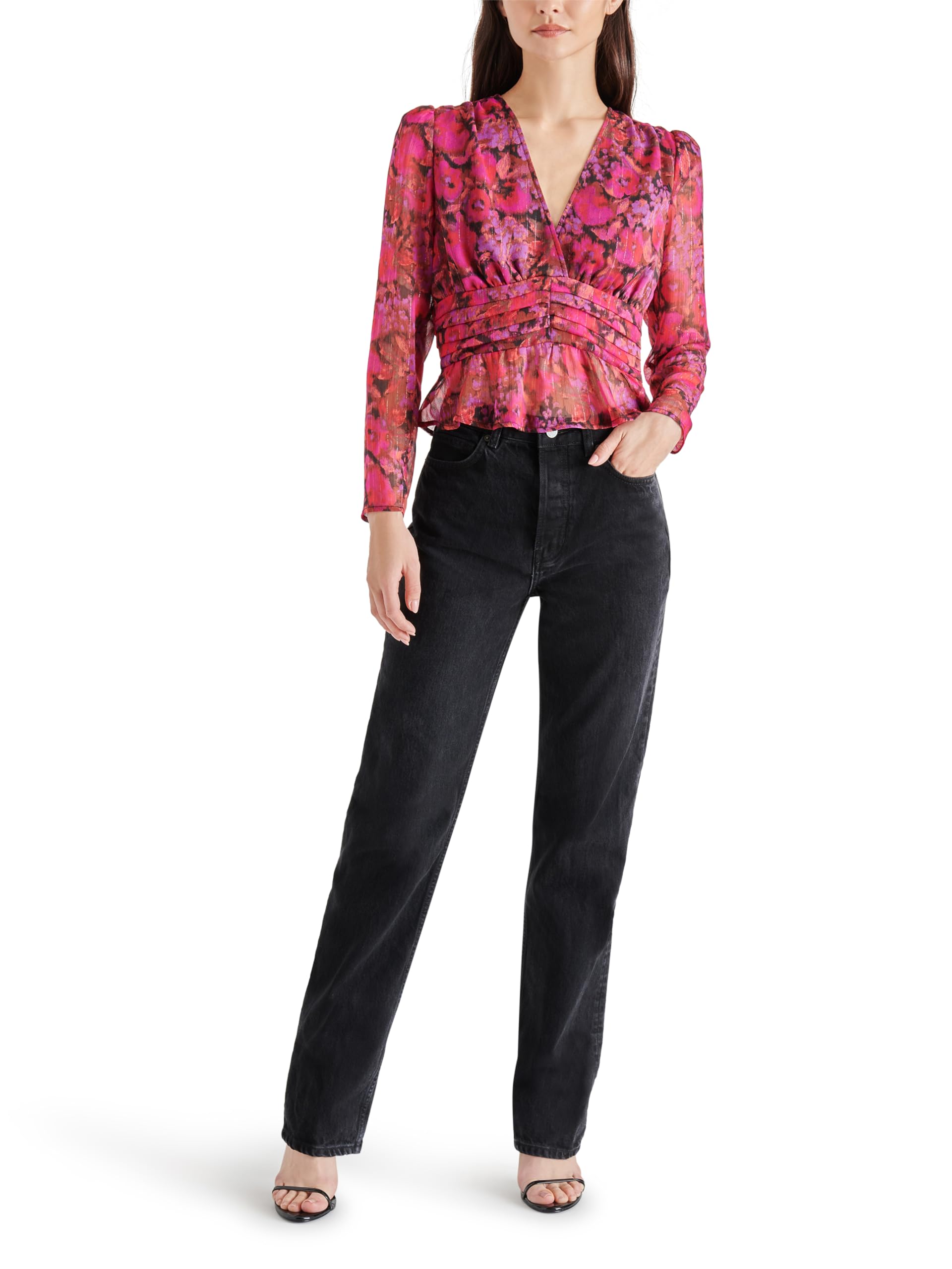 Steve Madden Women's Azura Floral-Print V-Neck Peplum Top - Dark Fuschia Size XS by Steals