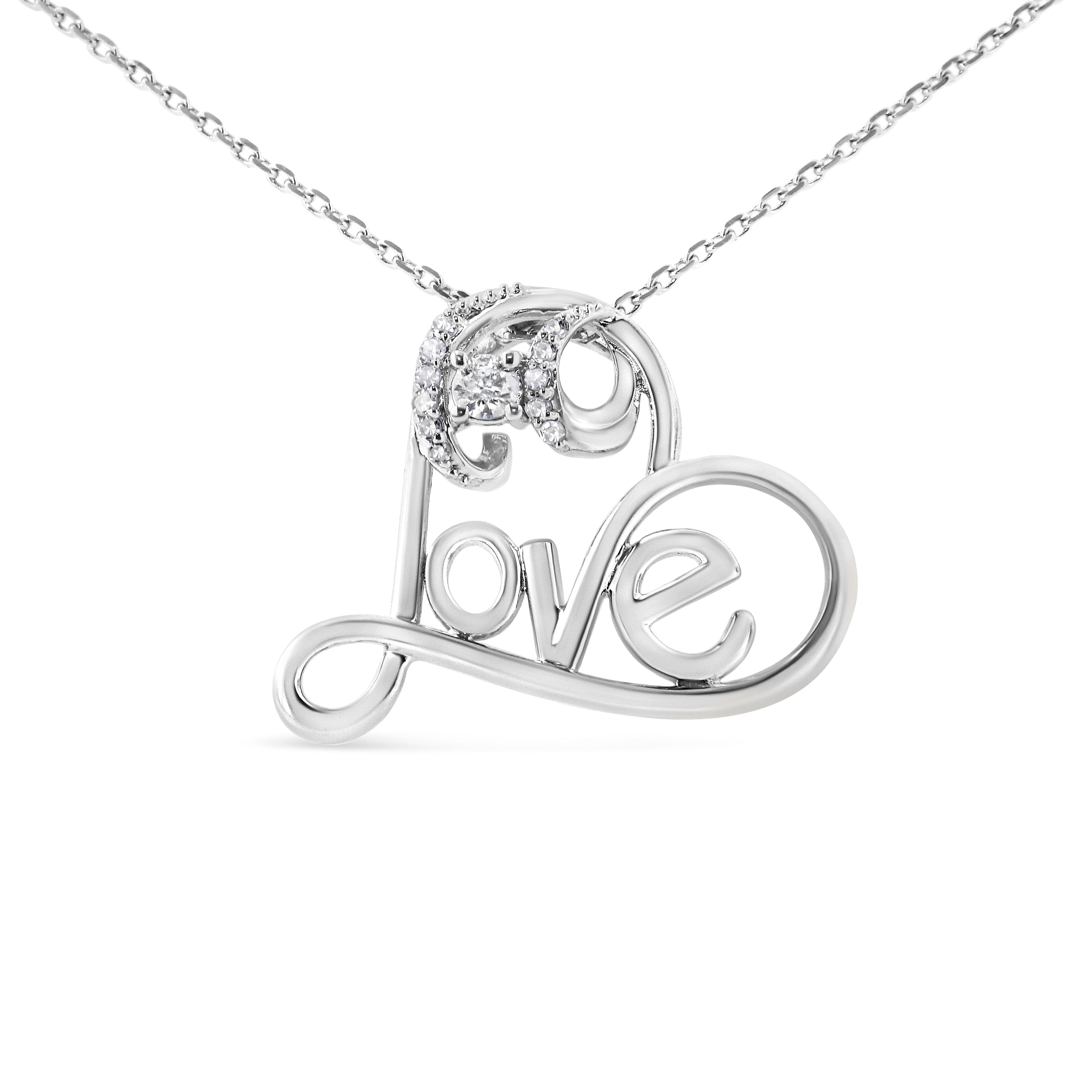 .925 Sterling Silver 1/10 Cttw Round Brilliant-Cut Diamond Accented Open Heart With Love 18" Pendant Necklace (H-I Color, I1-I2 Clarity)