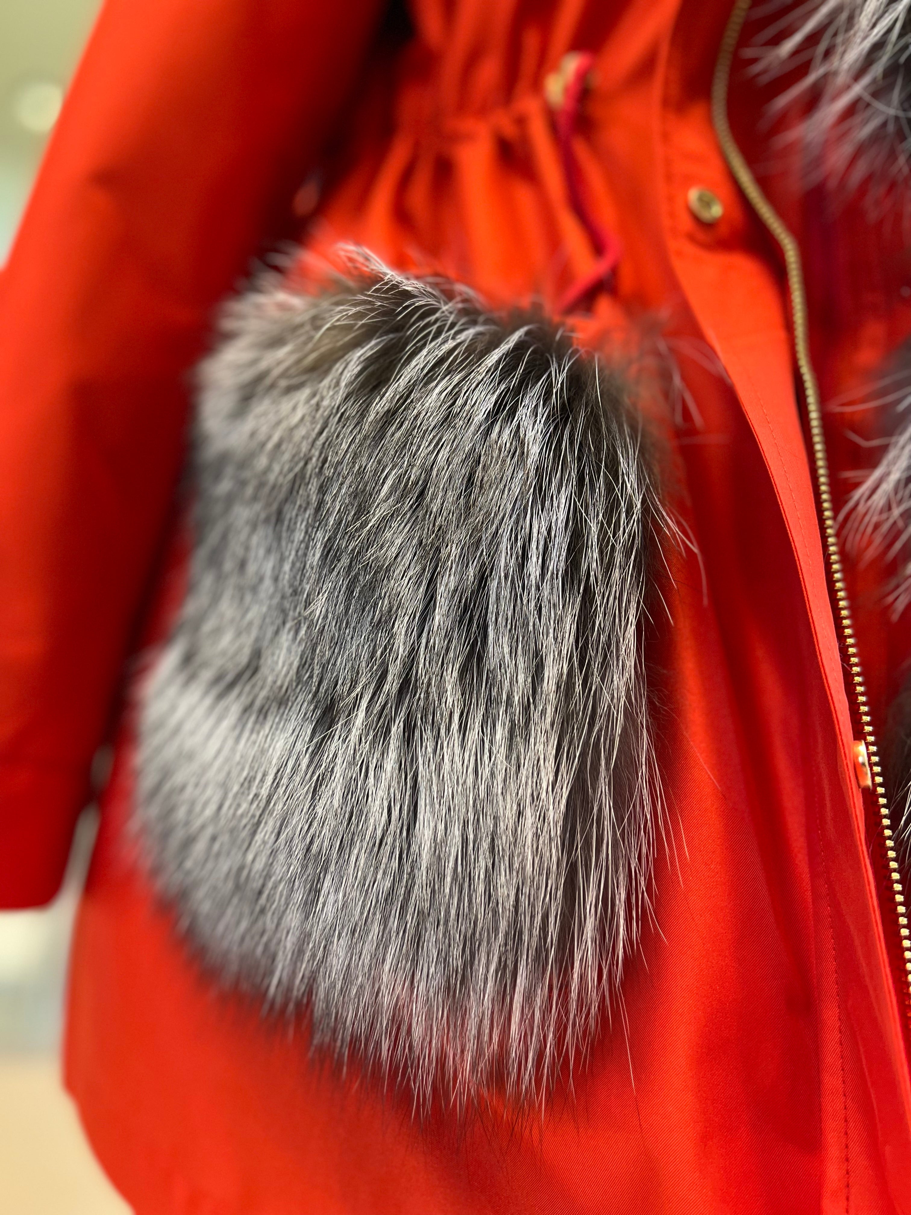Roma Genuine Silver Fox Fur Rabbit Fur Insulated Parka in Red