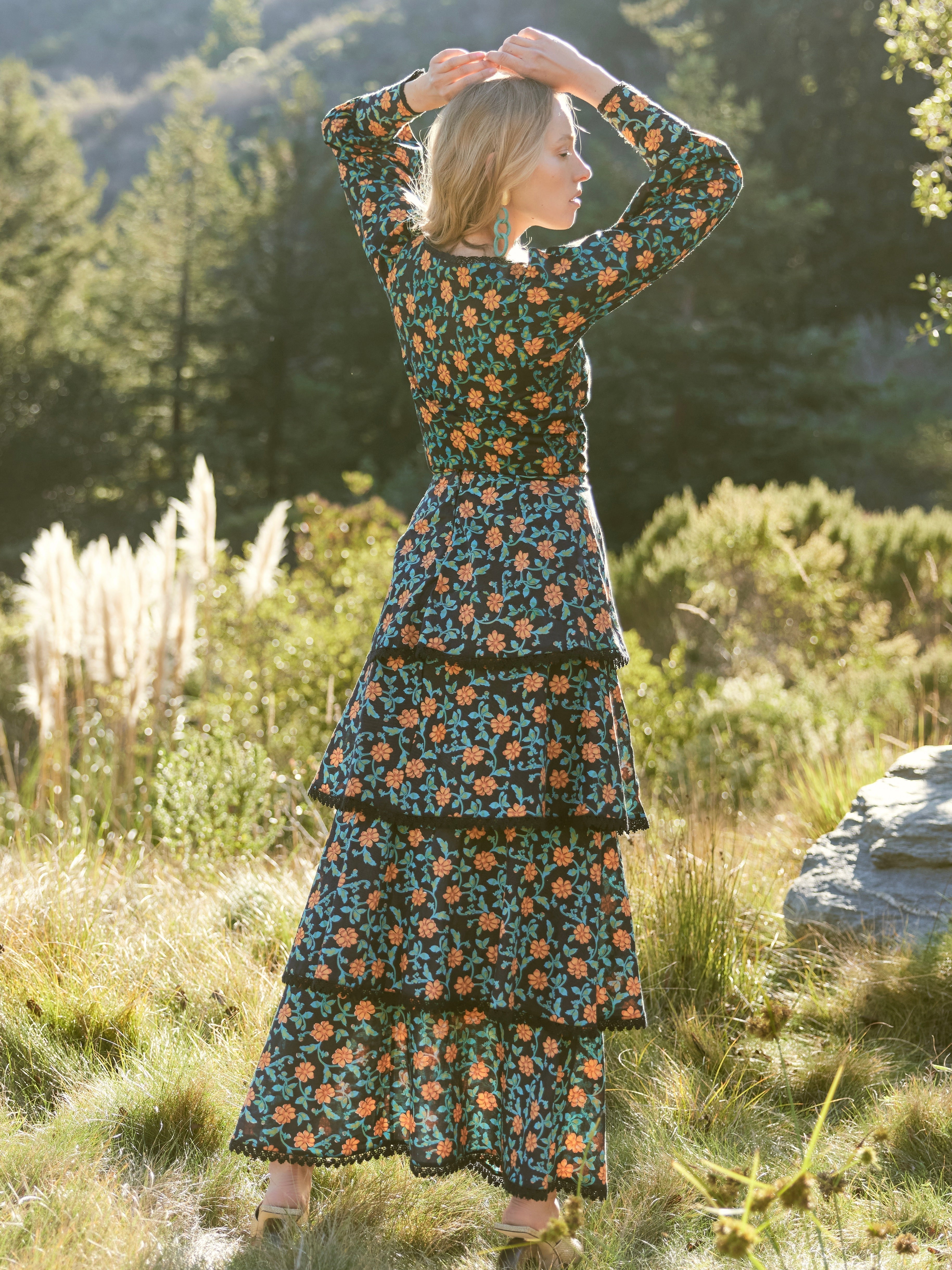 Victoria Embroidered Top - Faded Black/Bright Clementine & Moss Floral