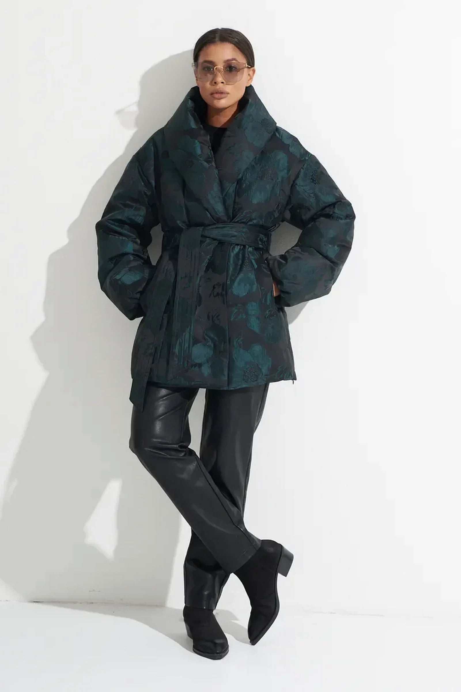 Monochrome Jacquard Down Coat in Vintage Emerald