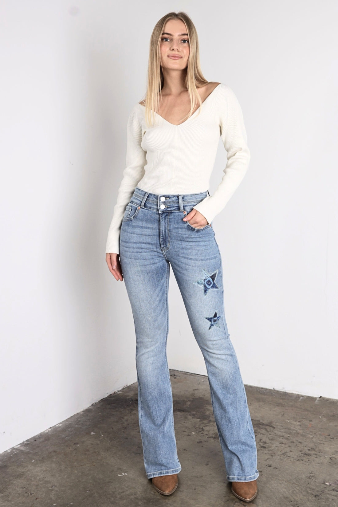 Star Patch DTF Print Double Waist Bootcut Jeans