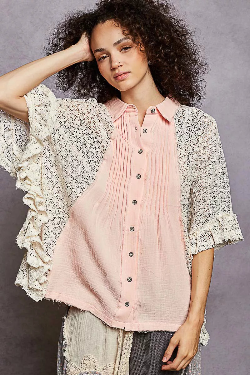 POL Button Down Front Pleated Shirt with Crochet Patch