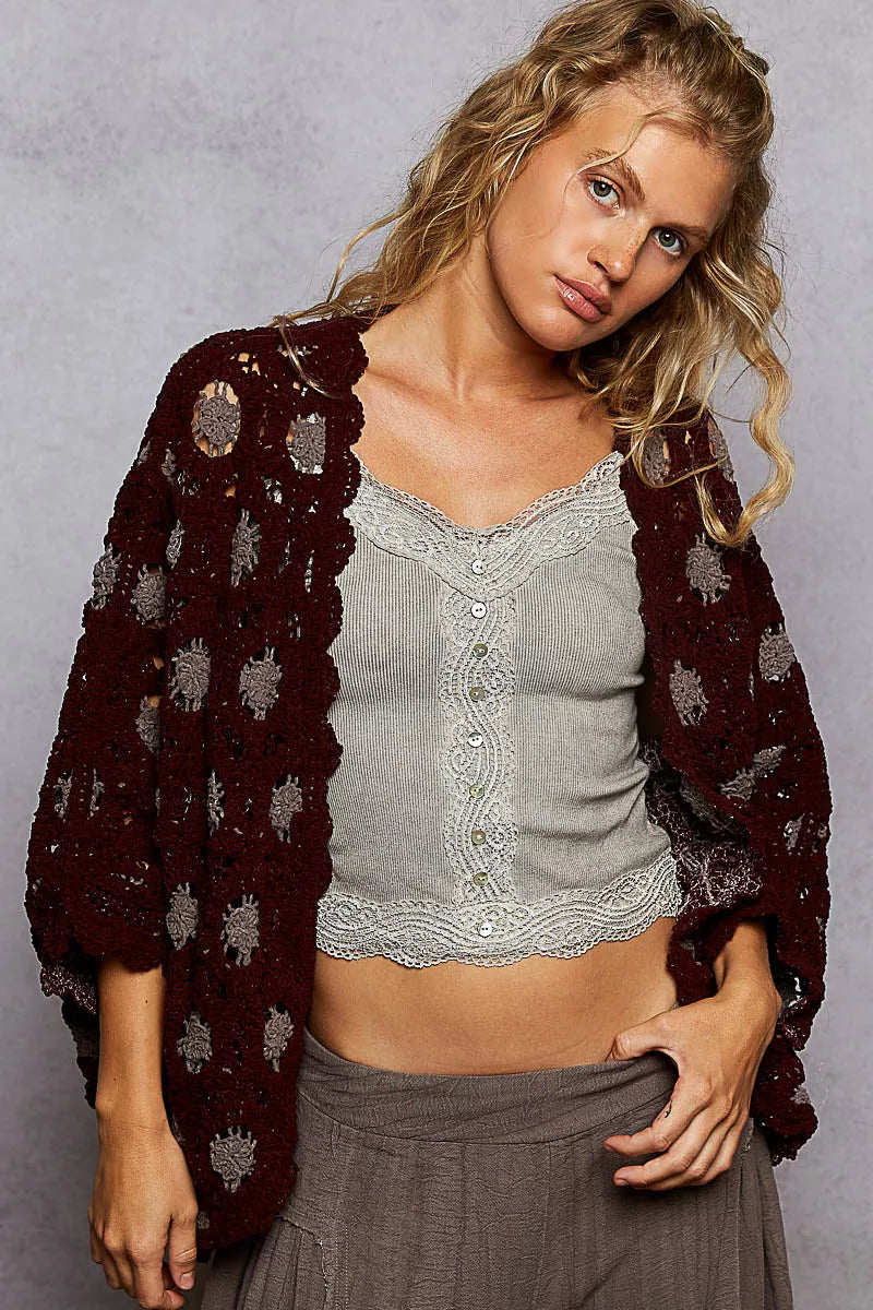POL Openwork V-Neck Chenille Cardigan with Contrast Floral