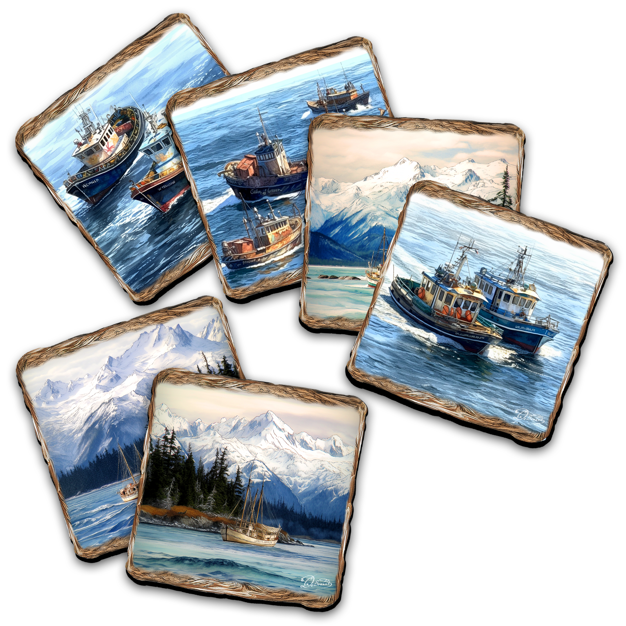 Fishing Boats Wooden Cork Placemat and Coasters Gift Set of 7 by Nature Wonders Coastal Wildlife Decor  - 85405C-S7