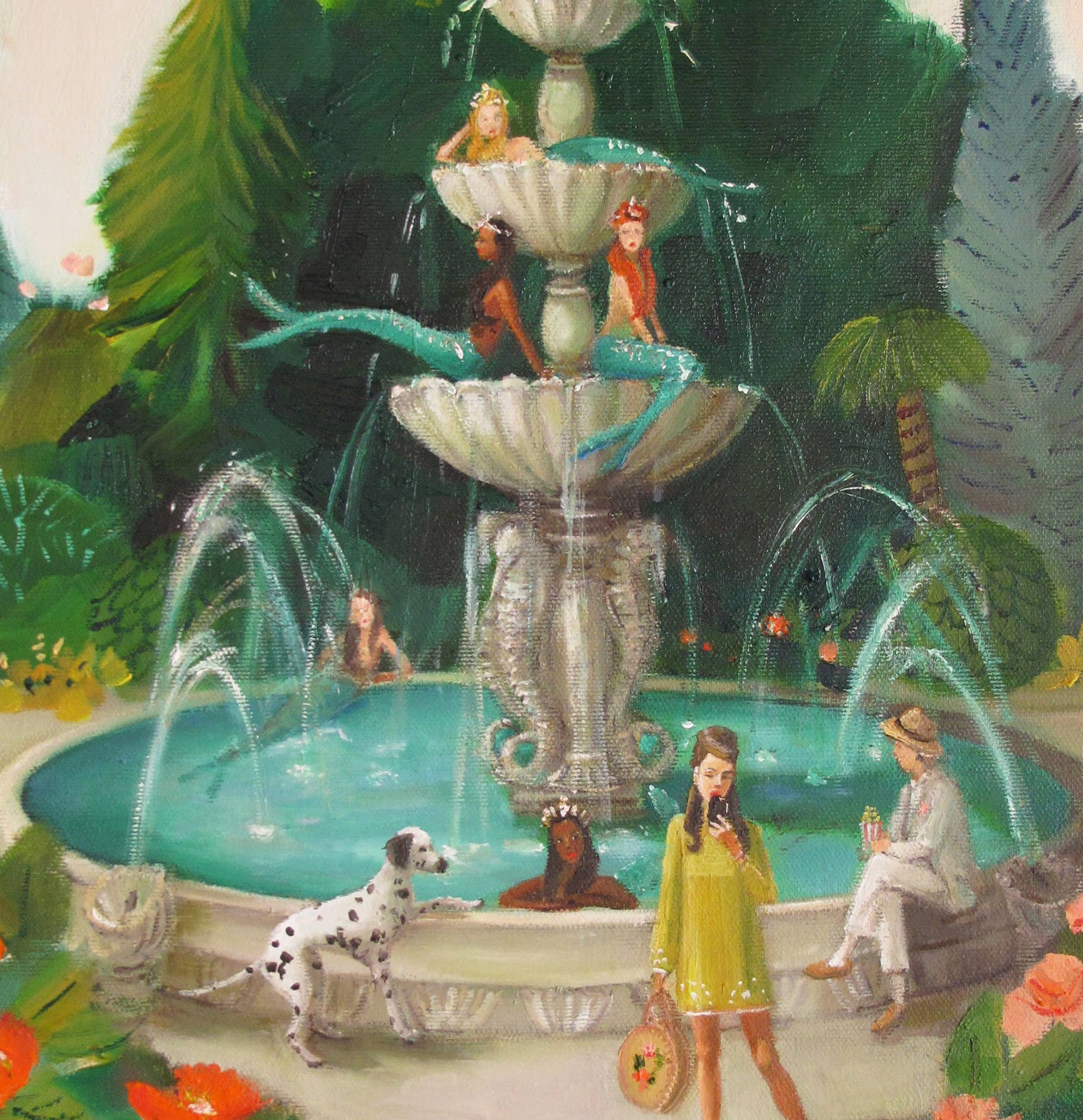 Selfie At The Mermaid Public Fountain Art Print - 8.5" X 11" by Janet Hill