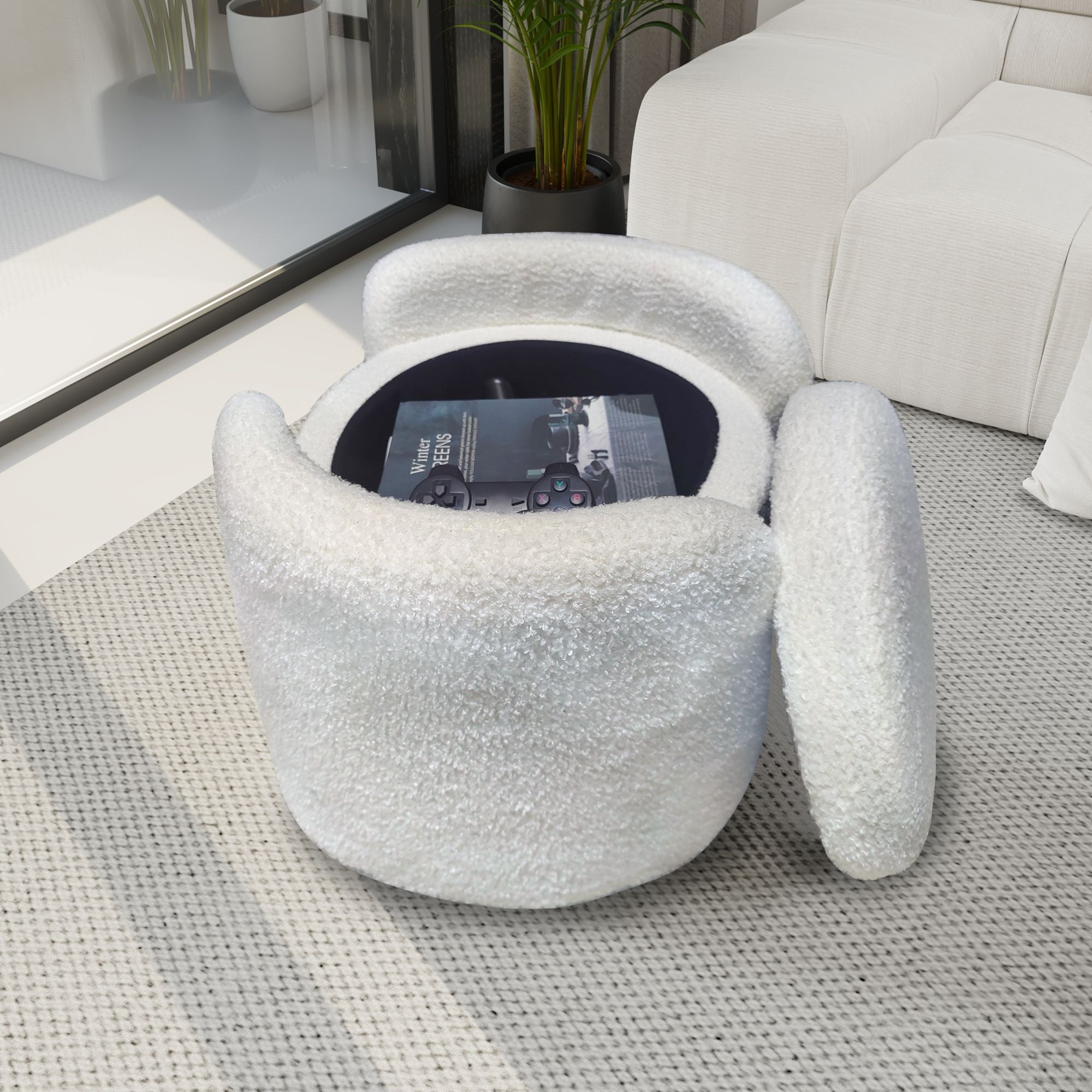 1pc 19.69"Faux Fur Pouf Ottoman Modern Boucle Upholstered With Storage, Multifunctional Upholstered Vanity Chairs For Makeup, Soft Padded Seat With Removable Lid