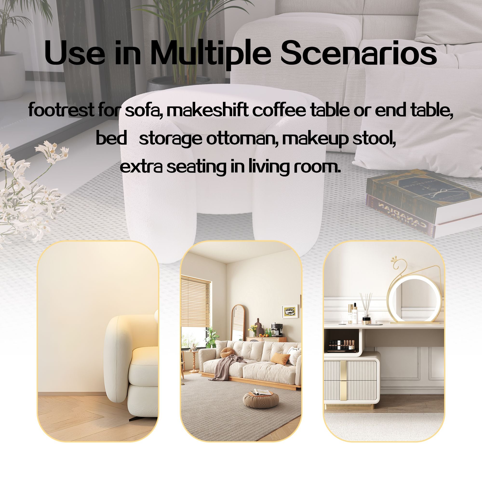 1pc 19.69"Faux Fur Pouf Ottoman Modern Boucle Upholstered With Storage, Multifunctional Upholstered Vanity Chairs For Makeup, Soft Padded Seat With Removable Lid