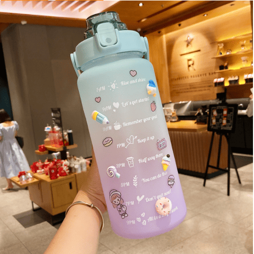 2 Liter Water Bottle With Straw Motivational Water Jug Plastic Frosted Bottles With Time Marker Outdoor Sports Water Bottles Cup