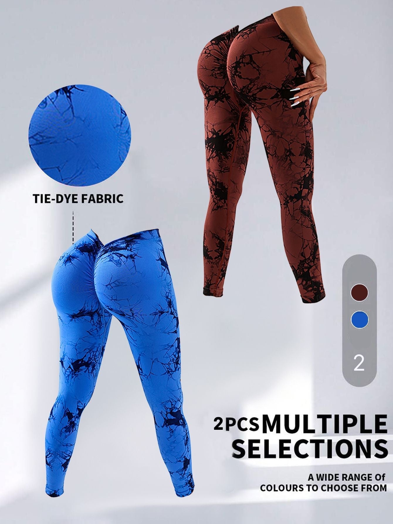 2 Pack Tie-Dye High Waist V-Back Yoga Leggings, Peach-Hip Enhancing Athleisure Tights, Sport Style Fitness Pants