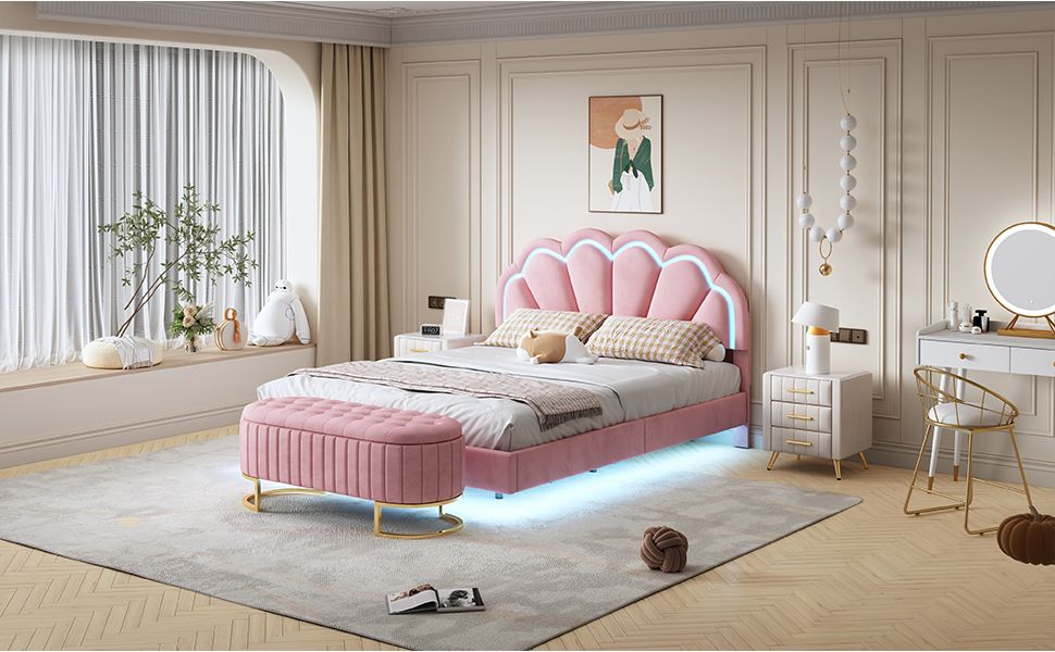 2-Pieces Bedroom Sets Full Size Upholstered LED Platform Bed with Storage Ottoman-Velvet,Pink