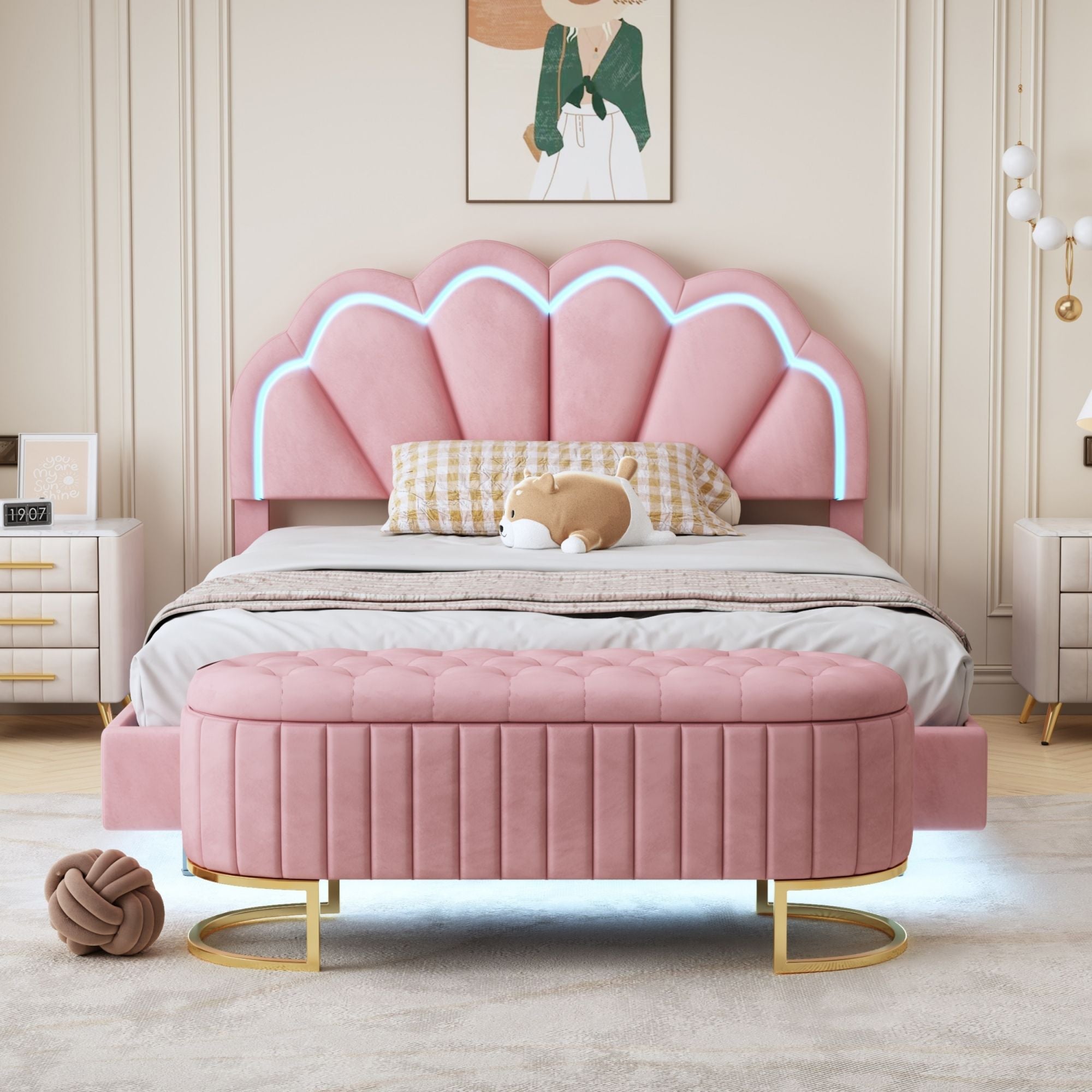 2-Pieces Bedroom Sets Full Size Upholstered LED Platform Bed with Storage Ottoman-Velvet,Pink