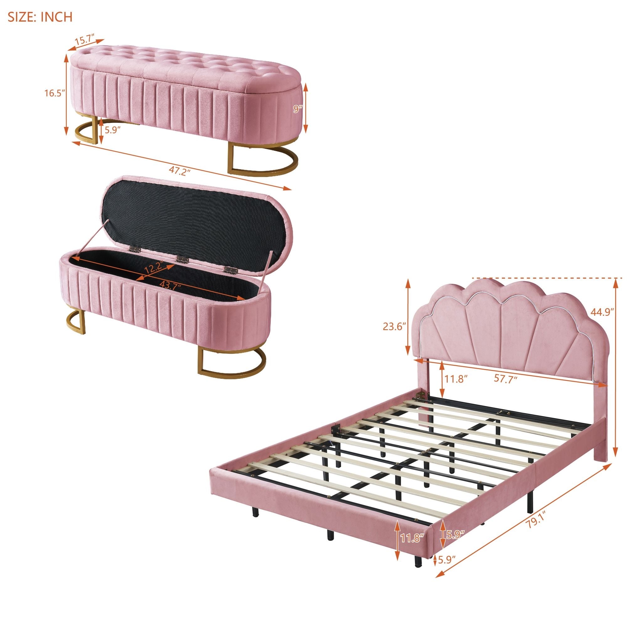 2-Pieces Bedroom Sets Full Size Upholstered LED Platform Bed with Storage Ottoman-Velvet,Pink