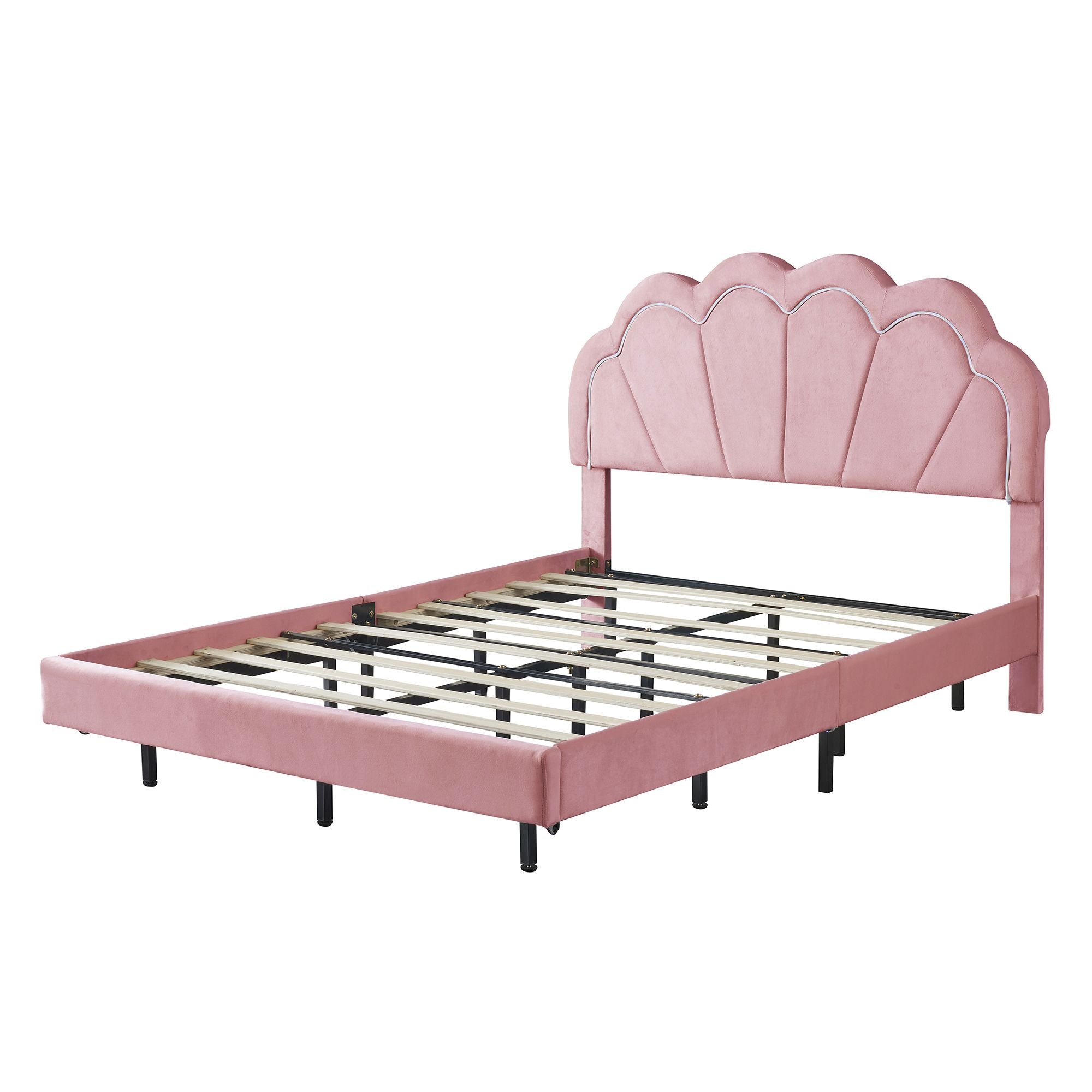 2-Pieces Bedroom Sets Full Size Upholstered LED Platform Bed with Storage Ottoman-Velvet,Pink