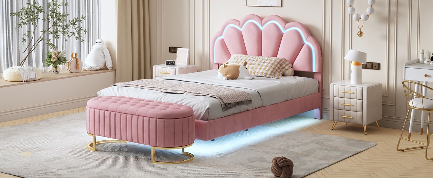 2-Pieces Bedroom Sets Full Size Upholstered LED Platform Bed with Storage Ottoman-Velvet,Pink