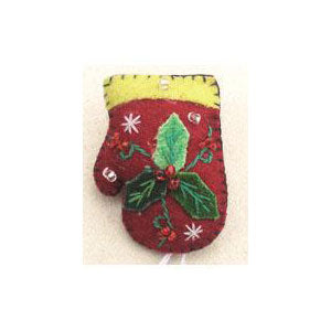 2" Felt Pin Red Mitten w/3 Leaves