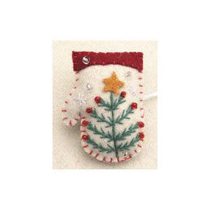 2" Felt White Mitten w/Green Tree Brooch
