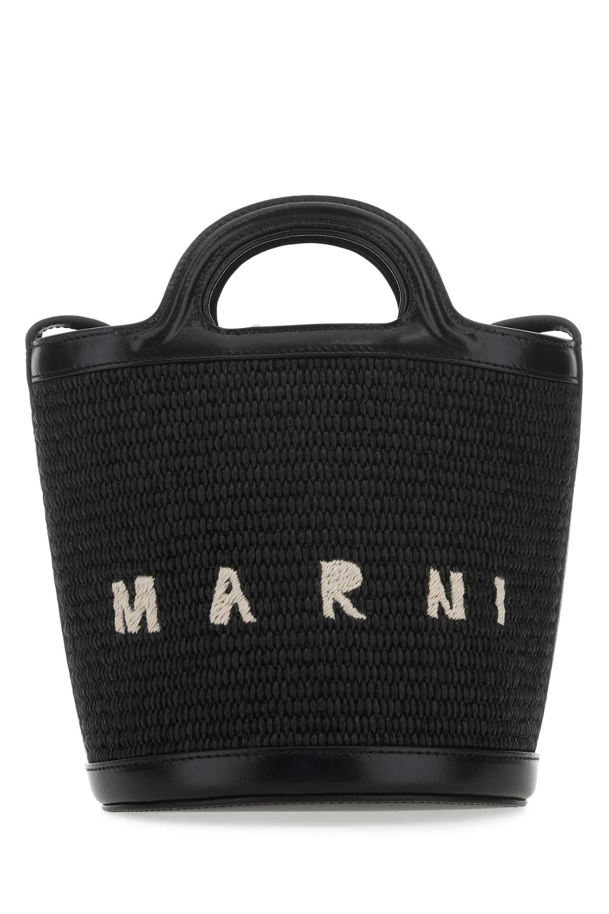 Marni Women Black Leather And Raffia Tropicalia Bucket Bag