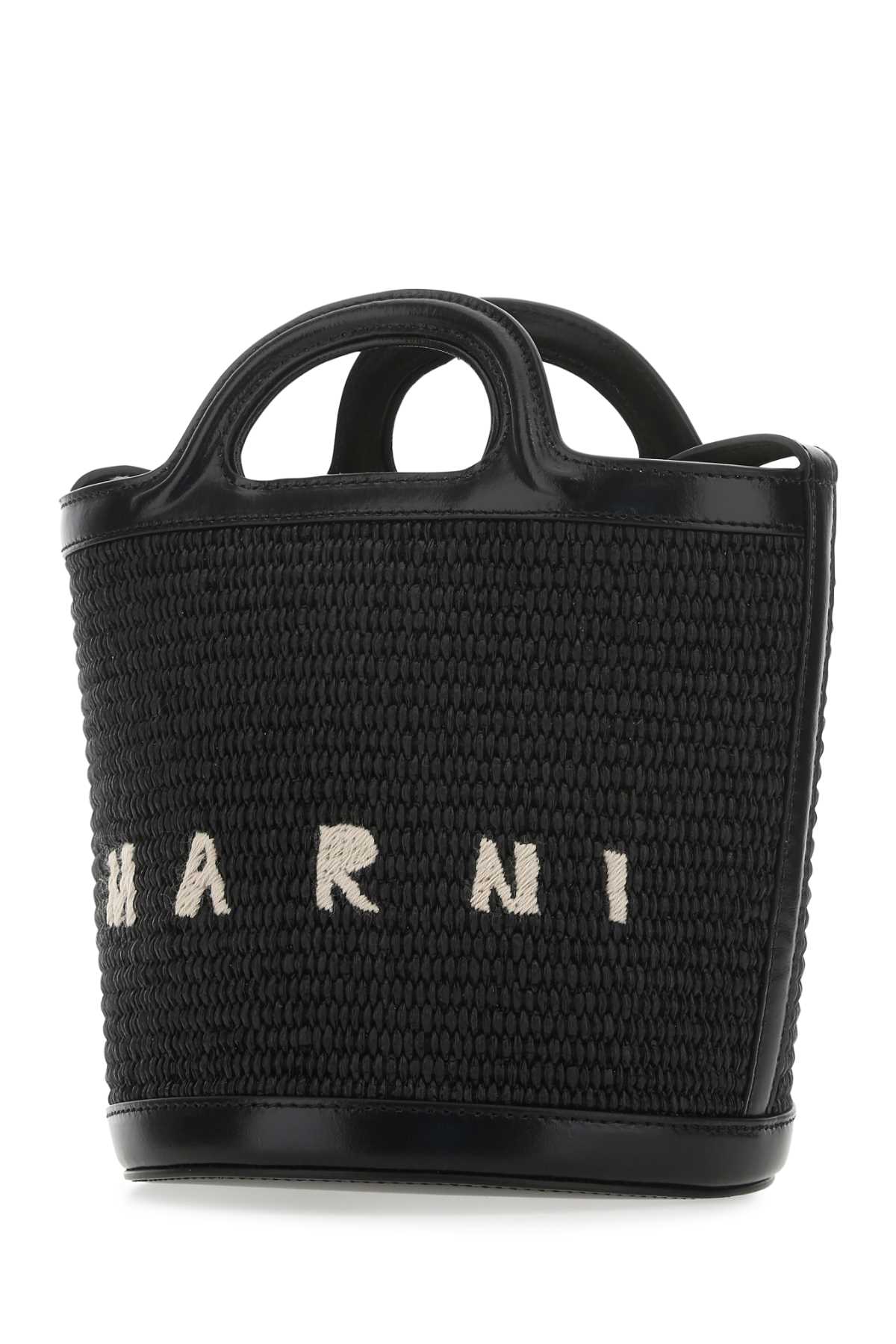 Marni Women Black Leather And Raffia Tropicalia Bucket Bag