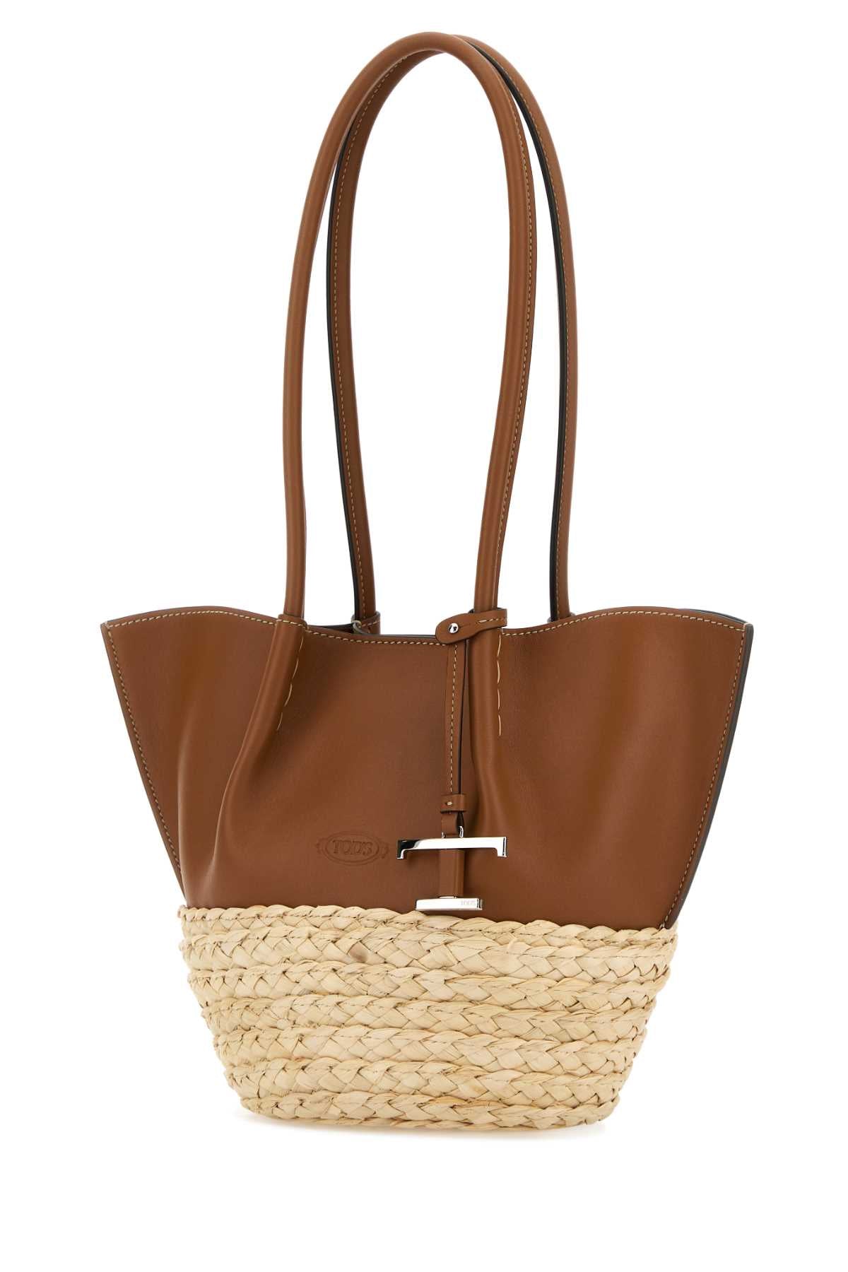 Tod's Women Two-Tone Leather And Raffia Small Shopping Bag