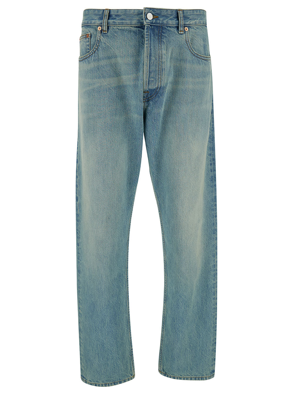 Valentino Men Light Blue Oversized Jeans With Logo Patch In Denim Man
