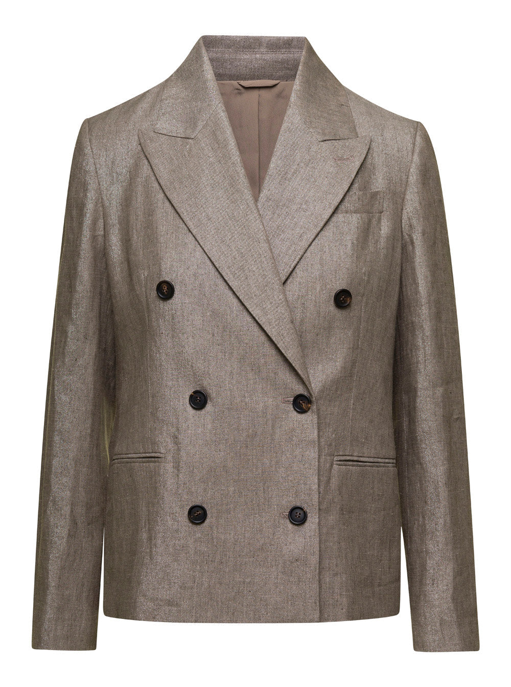 Brunello Cucinelli Women Metallic Double-Breasted Jacket With Peak Revers In Linen Blend Woman