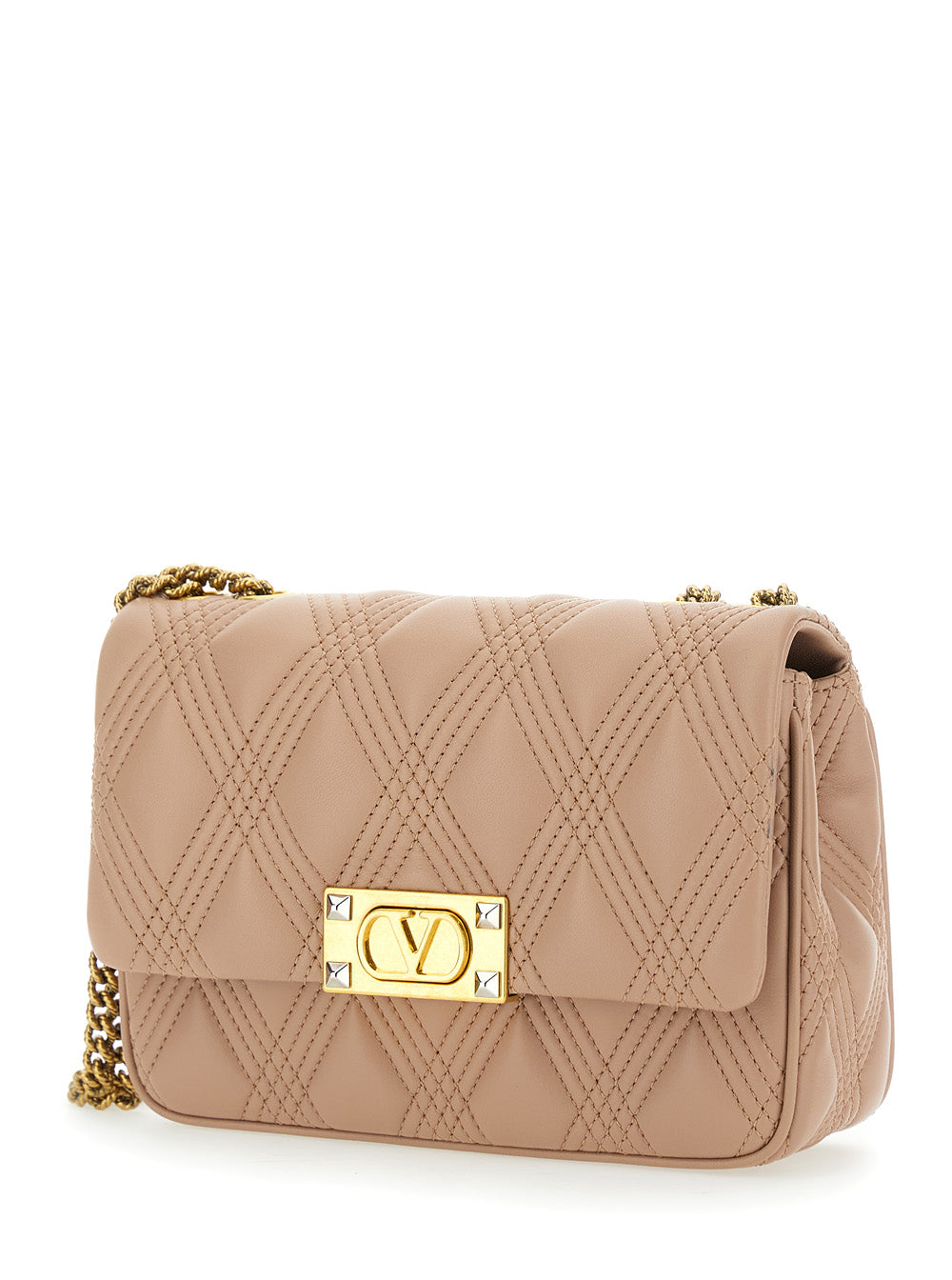 Valentino Garavani Women 'Quiltie 67' Pink Shoulder Bag With Vlogo Metallic Plate On The Front In Quilted Leather Woman