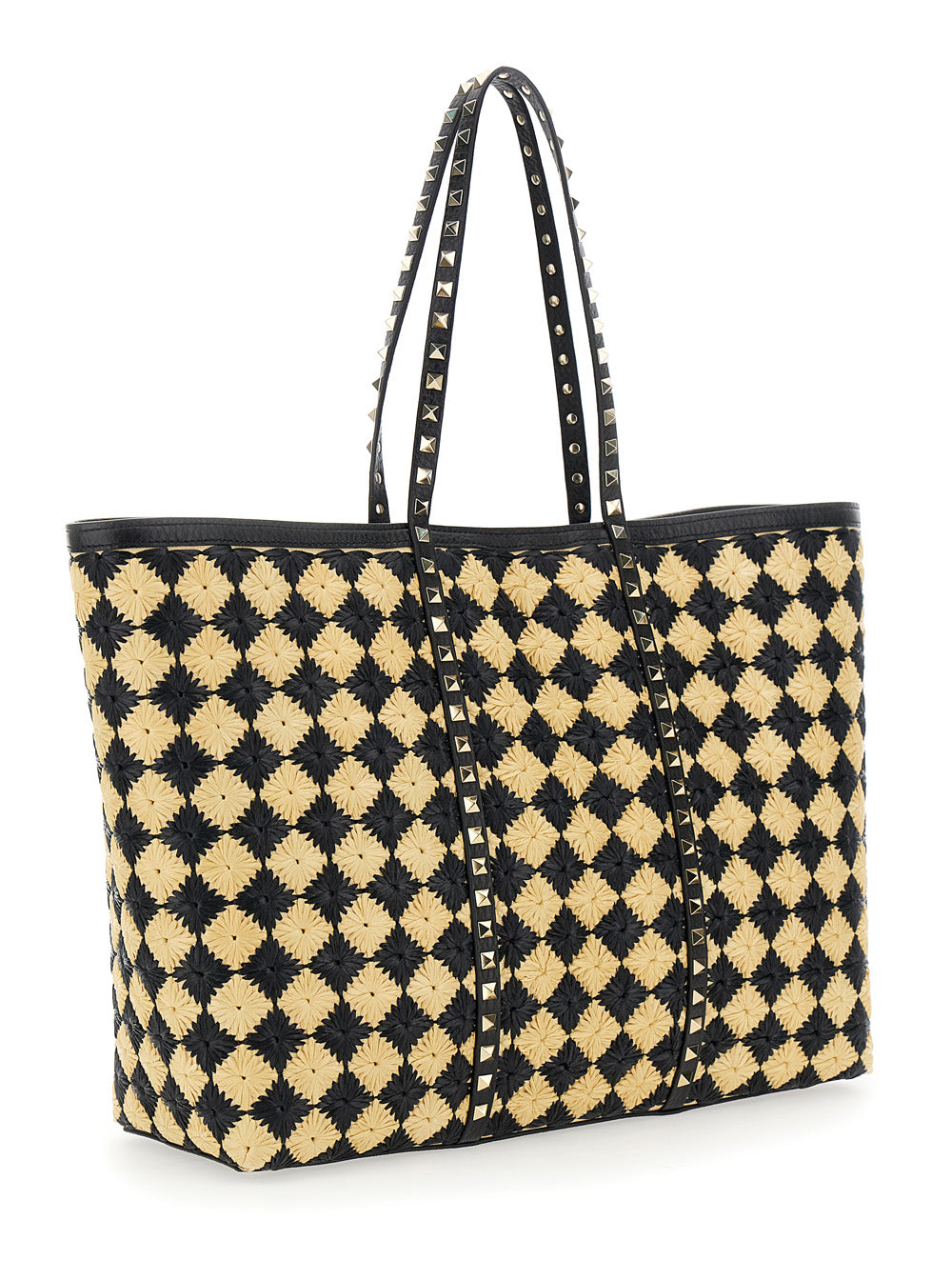 Valentino Garavani Women Beige Shopper With All-Over Diamond Pattern And Applied Rockstud Studs In Synthetic Raffia Woman