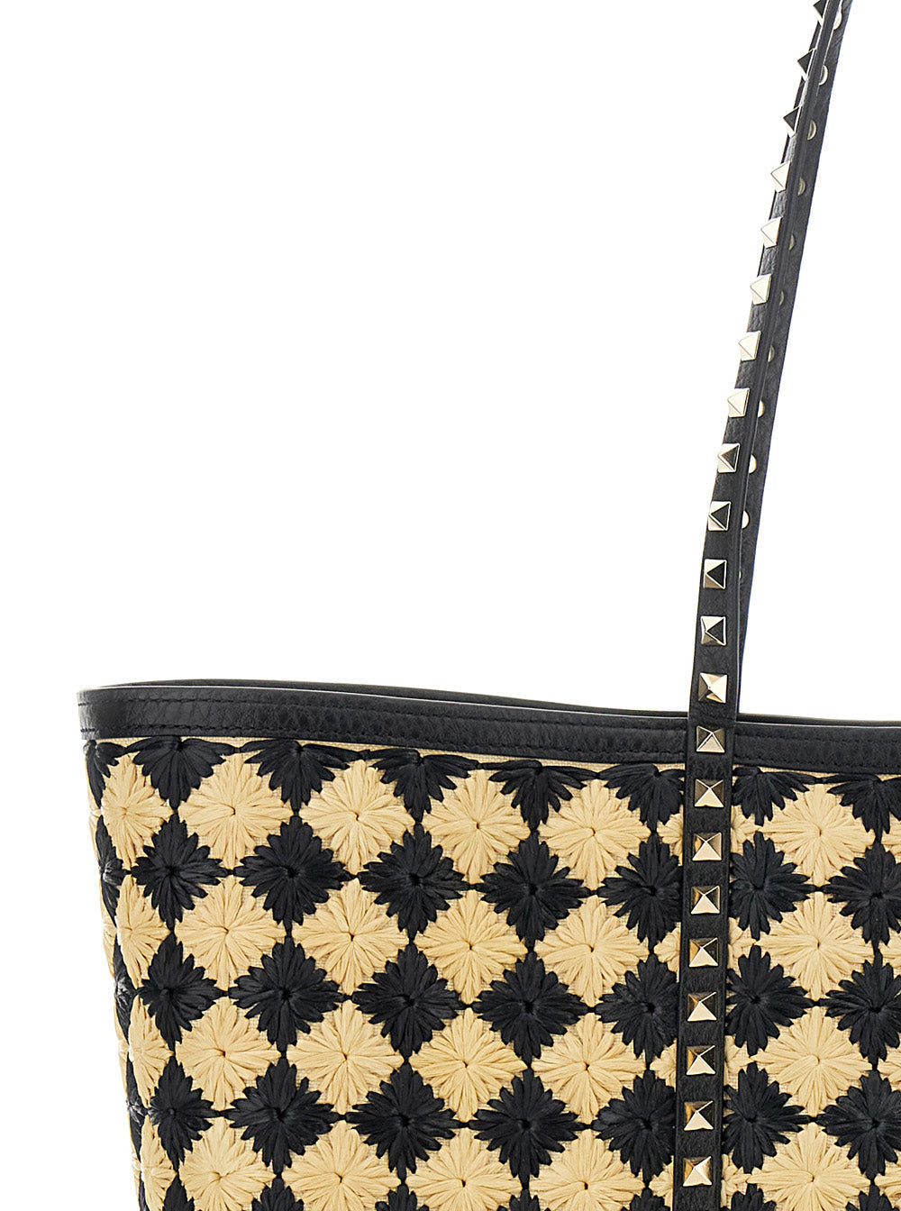 Valentino Garavani Women Beige Shopper With All-Over Diamond Pattern And Applied Rockstud Studs In Synthetic Raffia Woman