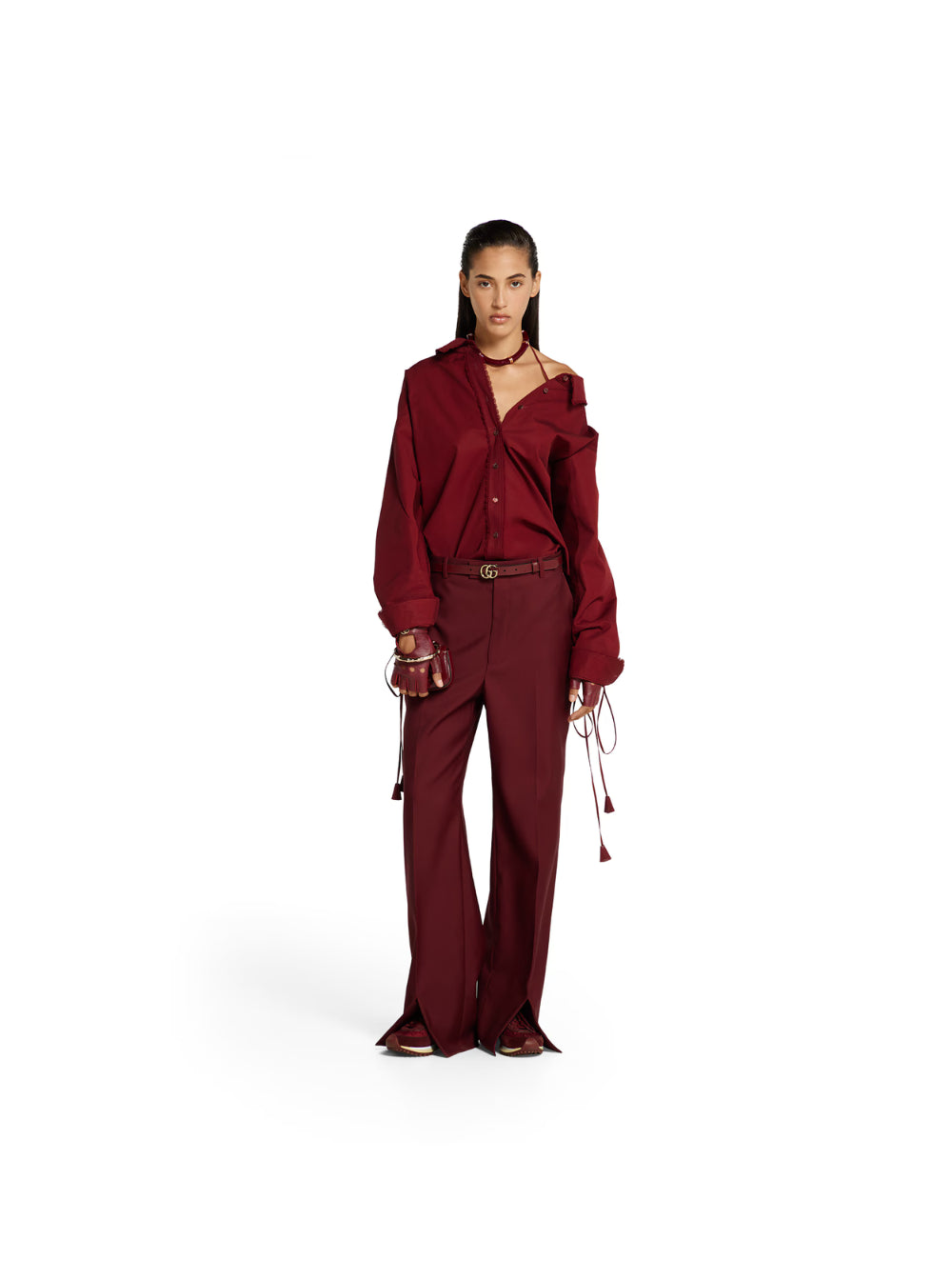 Gucci Women Bordeaux Shirt With Detachable Laces At The Wrists And Pointed Collar In Cotton Woman