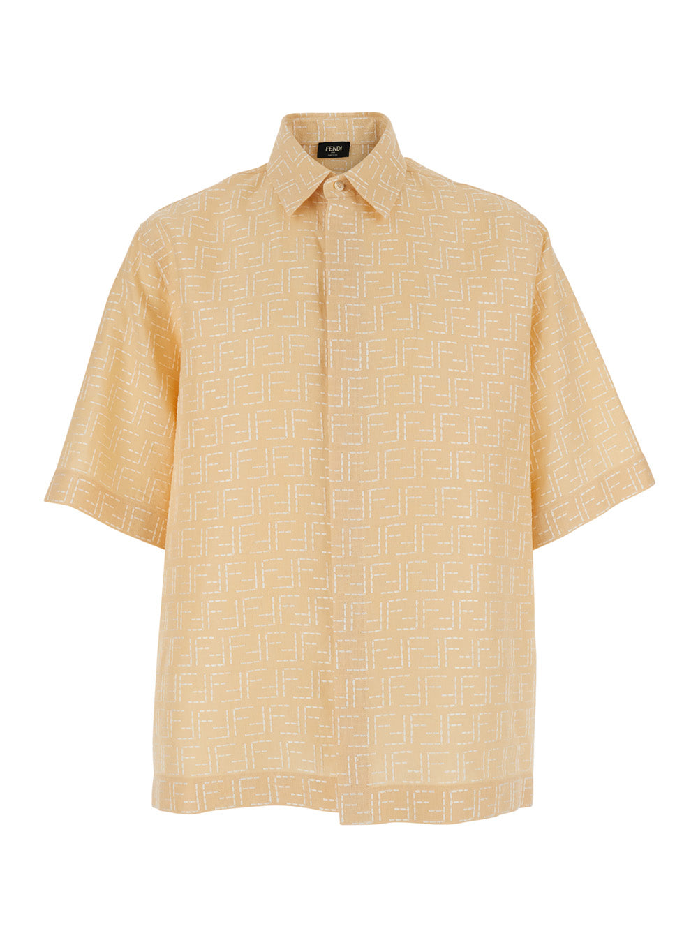 Fendi Men Yellow Shirt With Wide Short Sleeves And All-Over Ff Motif In Linen Blend Man
