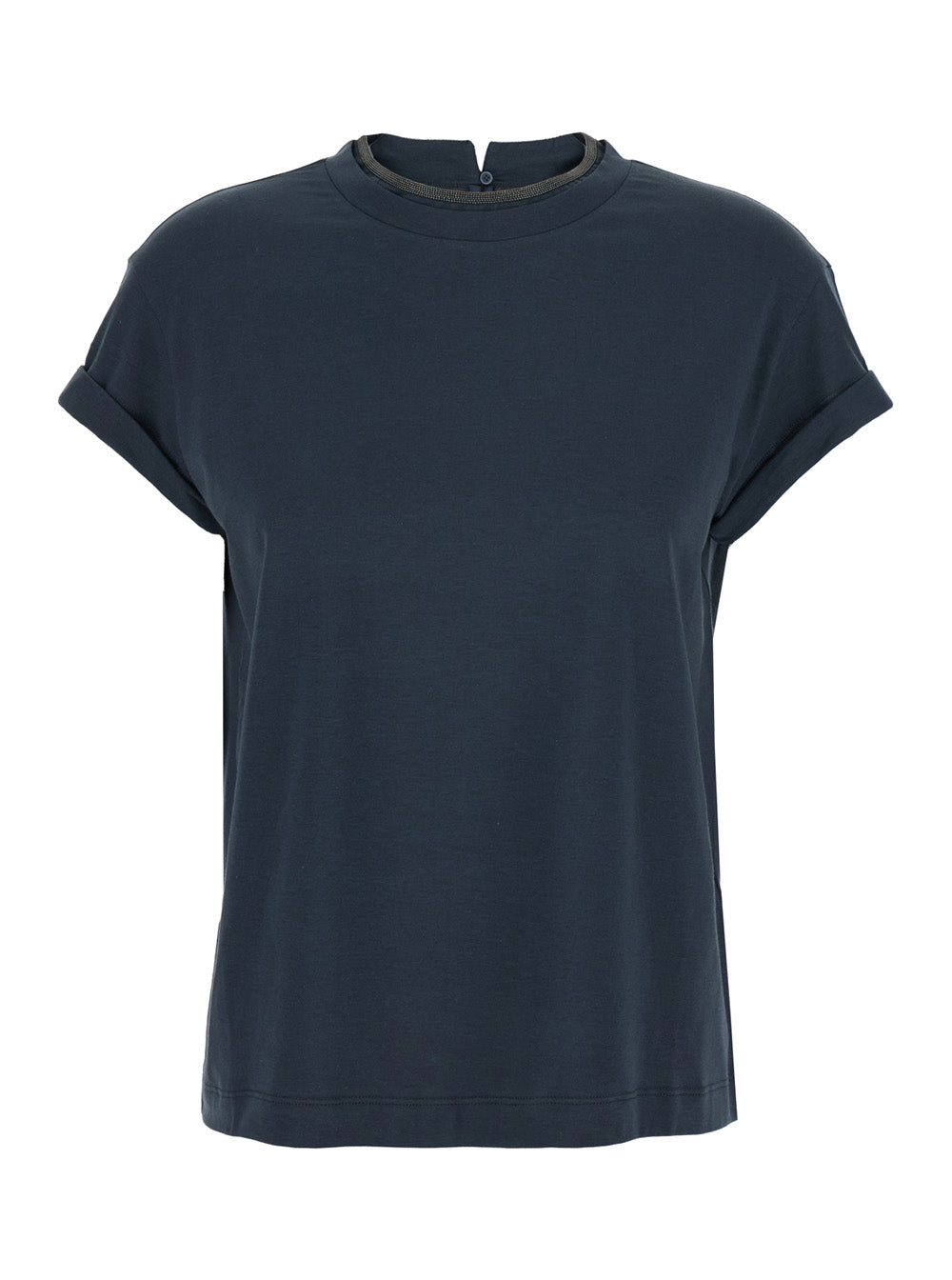 Brunello Cucinelli Women Blue Crewneck T-Shirt With Monil Detail On The Collar And Rear Cut-Out In Cotton Stretch Woman