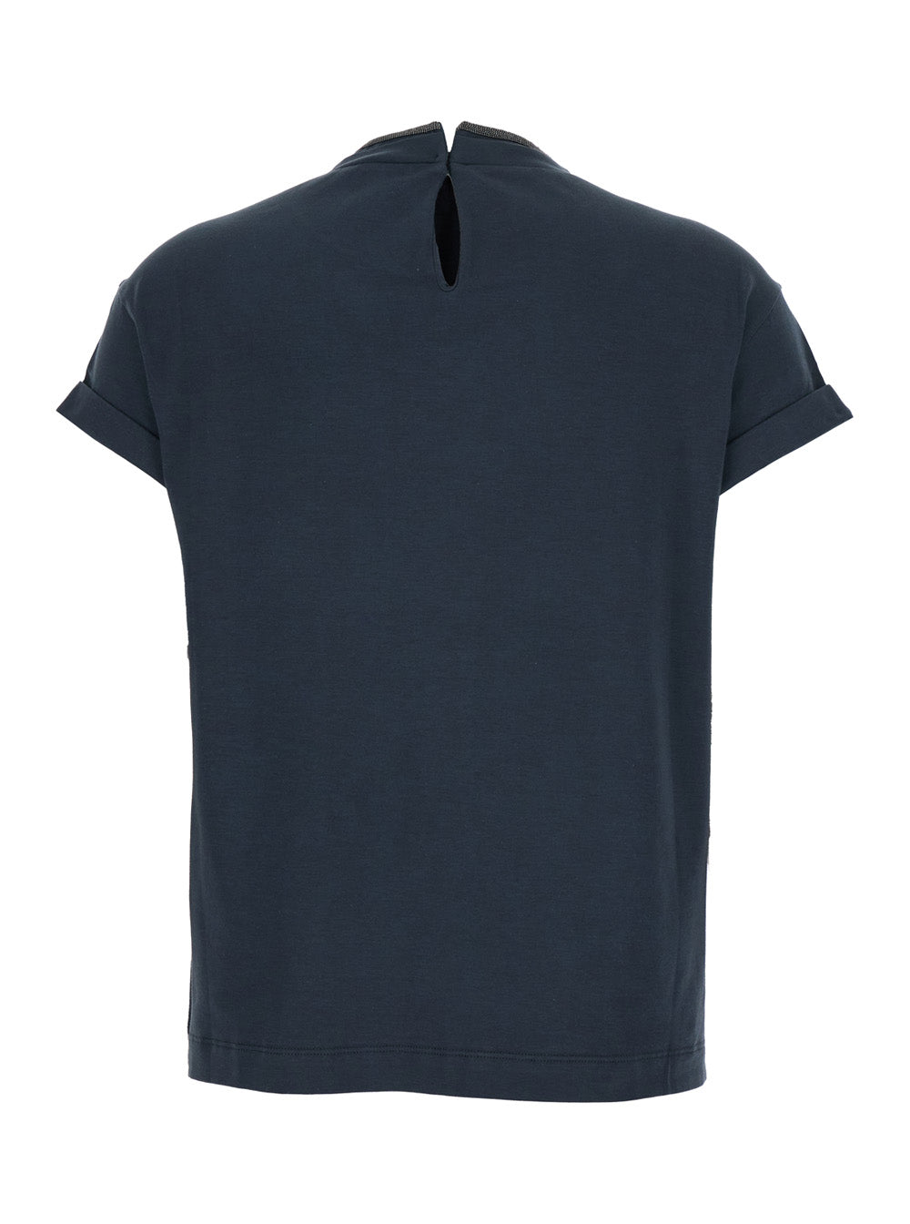 Brunello Cucinelli Women Blue Crewneck T-Shirt With Monil Detail On The Collar And Rear Cut-Out In Cotton Stretch Woman