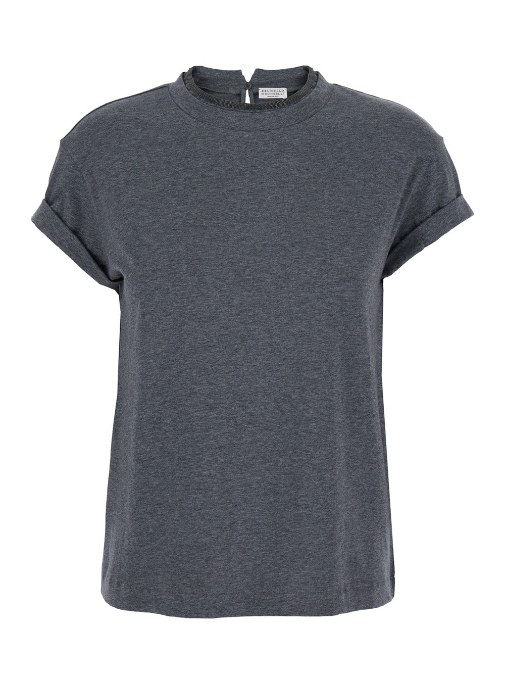 Brunello Cucinelli Women Grey Crewneck T-Shirt With Monil Detail On The Collar And Rear Cut-Out In Cotton Stretch Woman