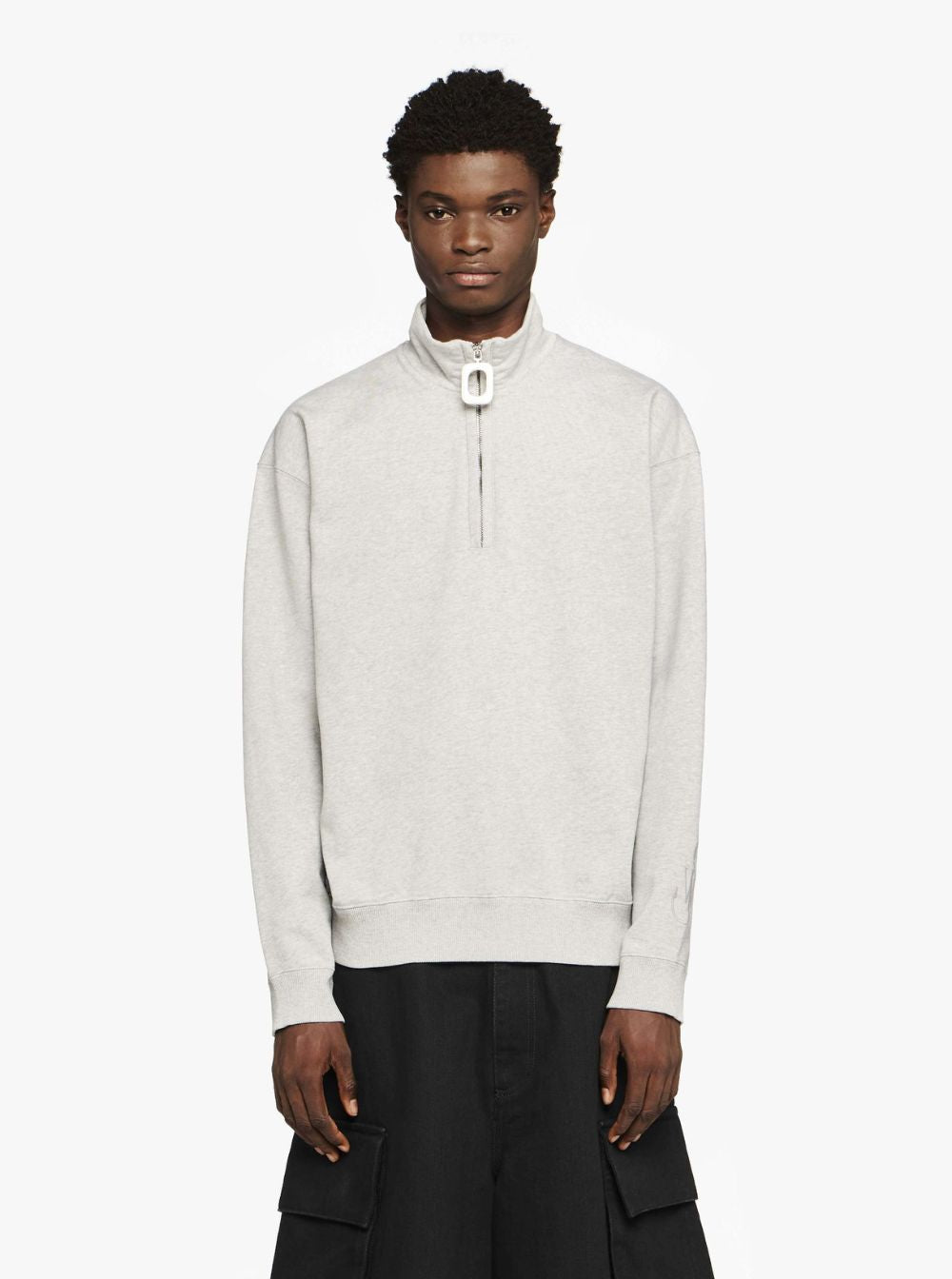 Jw Anderson Men Grey High Neck Sweatshirt With Zip Closure And Logo Embroidery In Cotton Man
