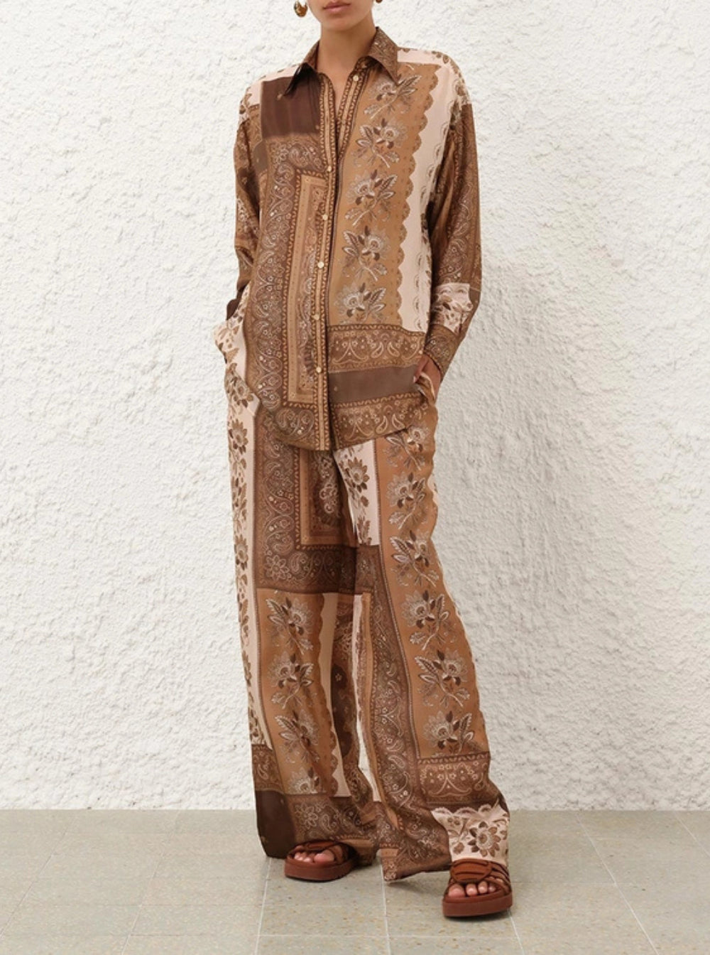 Zimmermann Women 'Lucky' Brown Pants With Elastic Drawstring Waist And All-Over Floral Print In Silk Woman