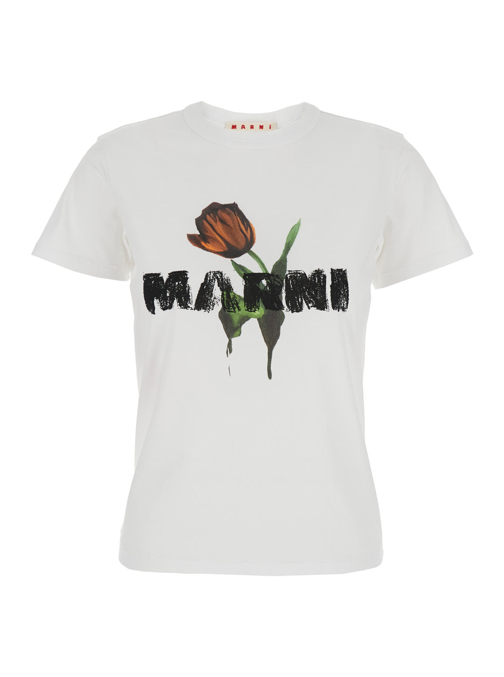 Marni Women White Crewneck T-Shirt With Logo Lettering And Logo Print On The Front In Cotton Woman