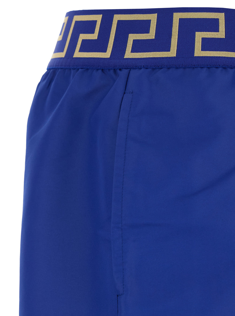 Versace Men Blue Swim Shorts With Elastic Waist With Greca Motif In Tech Fabric Man