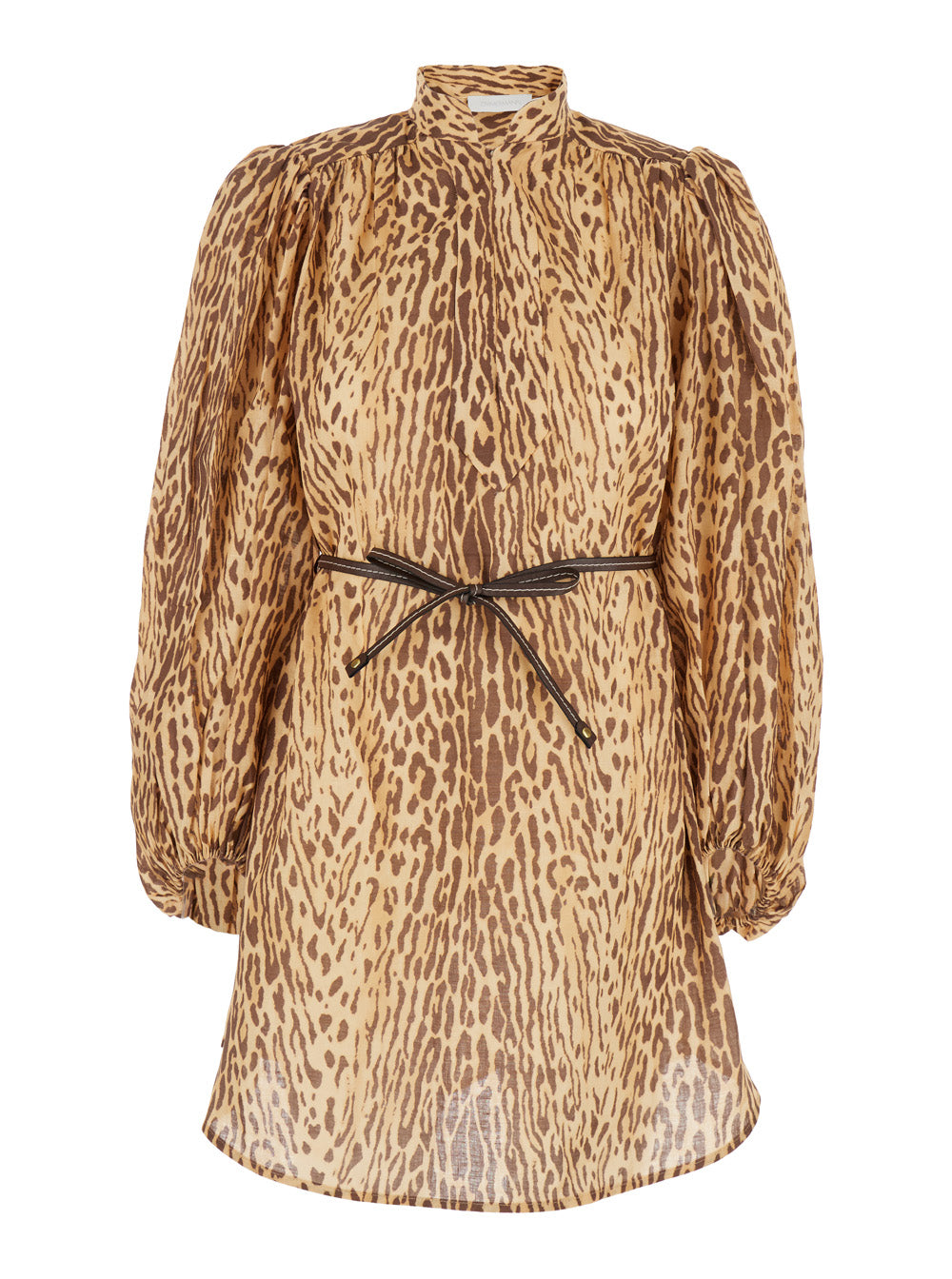 Zimmermann Women 'Cascadian' Beige Tunic Dress With Stand-Up Collar And All-Over Leopard Print In Linen Woman