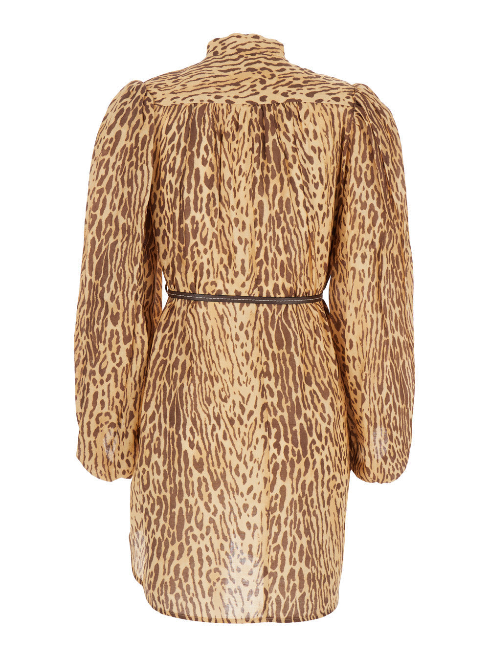 Zimmermann Women 'Cascadian' Beige Tunic Dress With Stand-Up Collar And All-Over Leopard Print In Linen Woman