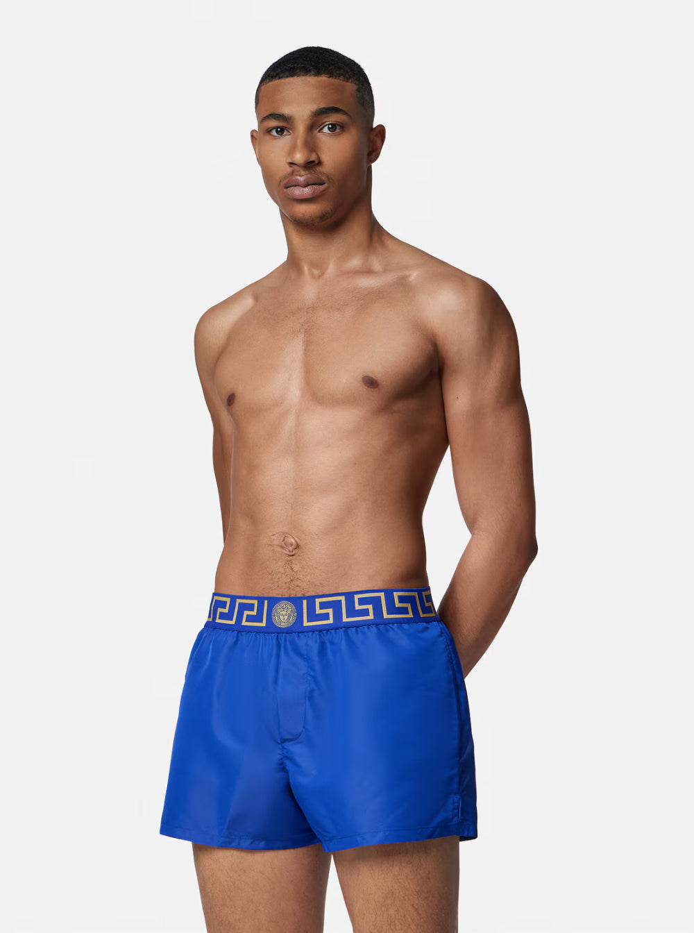 Versace Men Blue Swim Shorts With Elastic Waist With Greca Motif In Tech Fabric Man