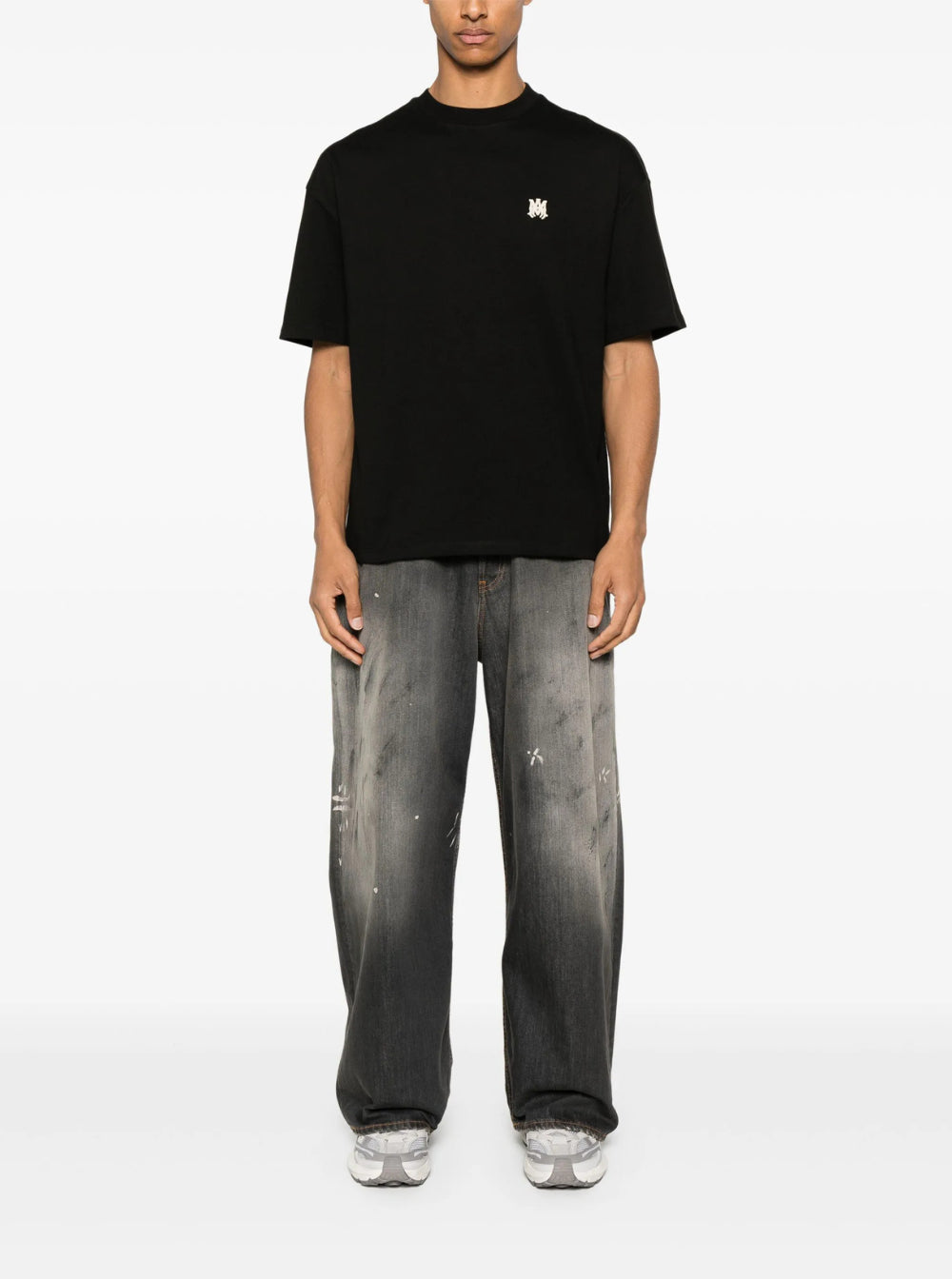 Amiri Men Black Crewneck T-Shirt With Logo Embroidery On The Front In Cotton Man