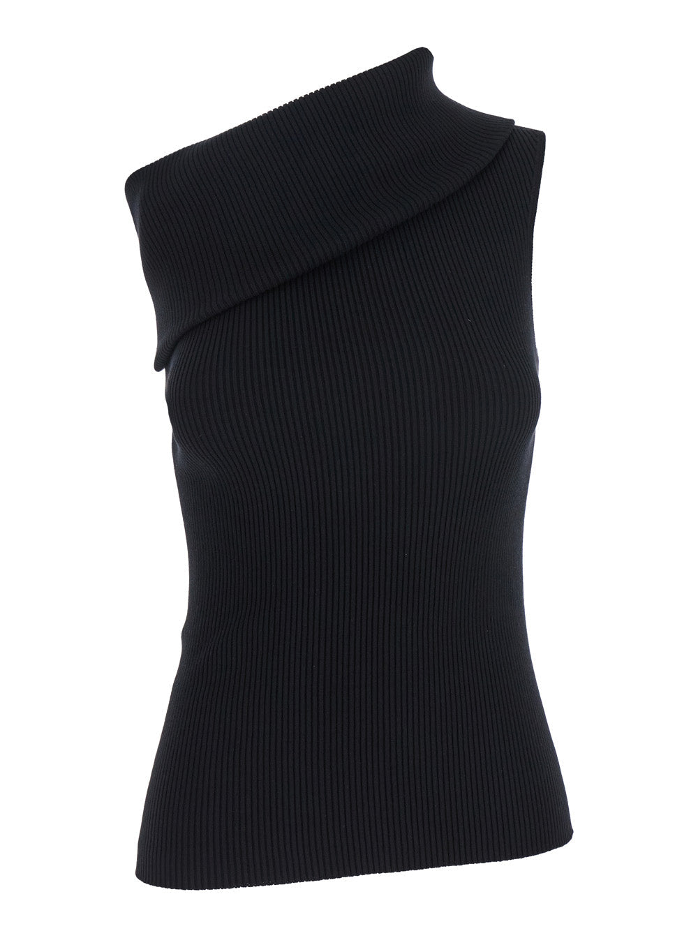 Rick Owens Women 'Athena' Black Ribbed Knit Asymmetric Top With Wide Neckline In Cotton Knit Woman