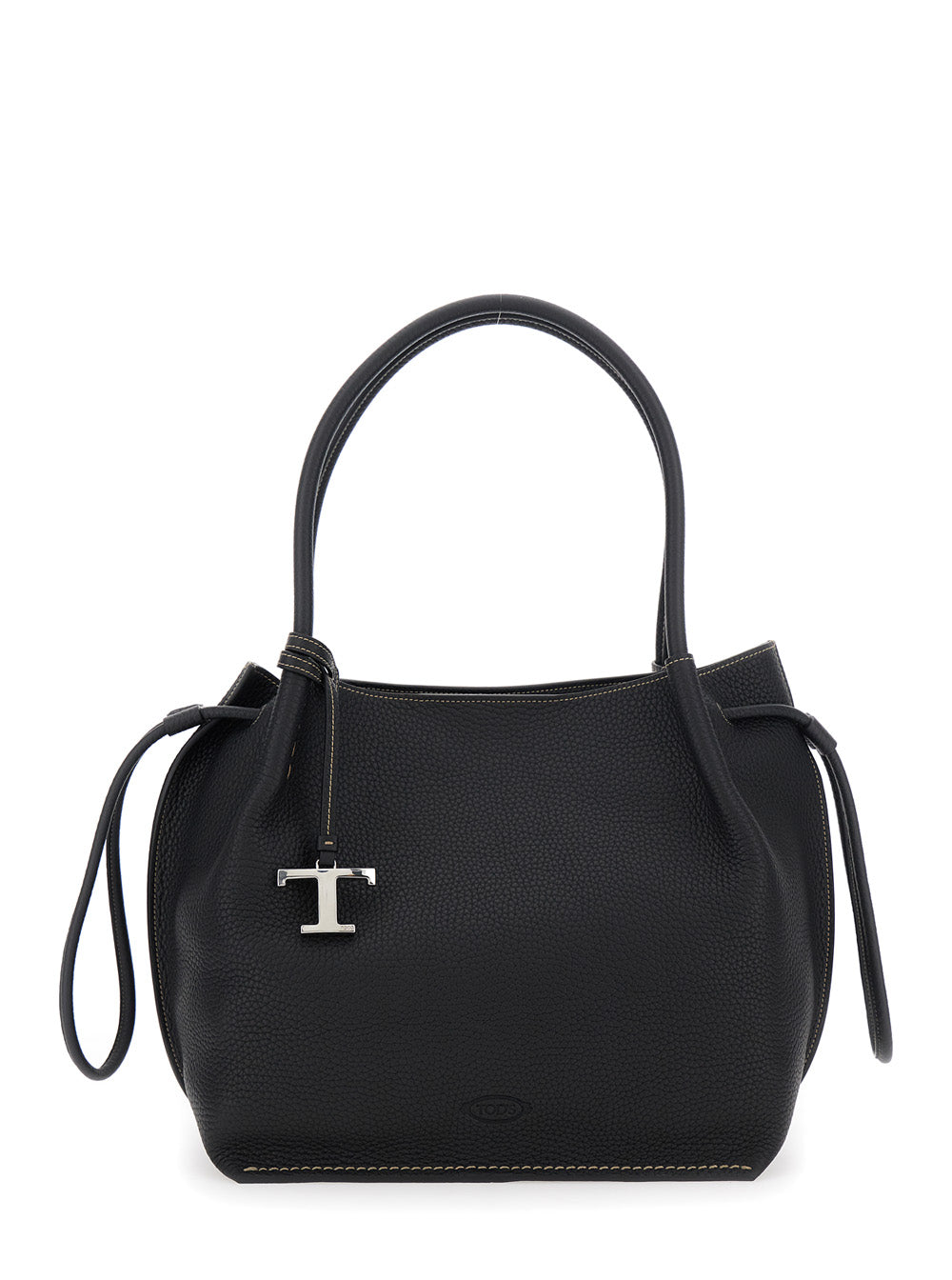 Tod's Women Black Shoulder Bag With Two Top Handles And Drawstring Closure In Grained Leather Woman