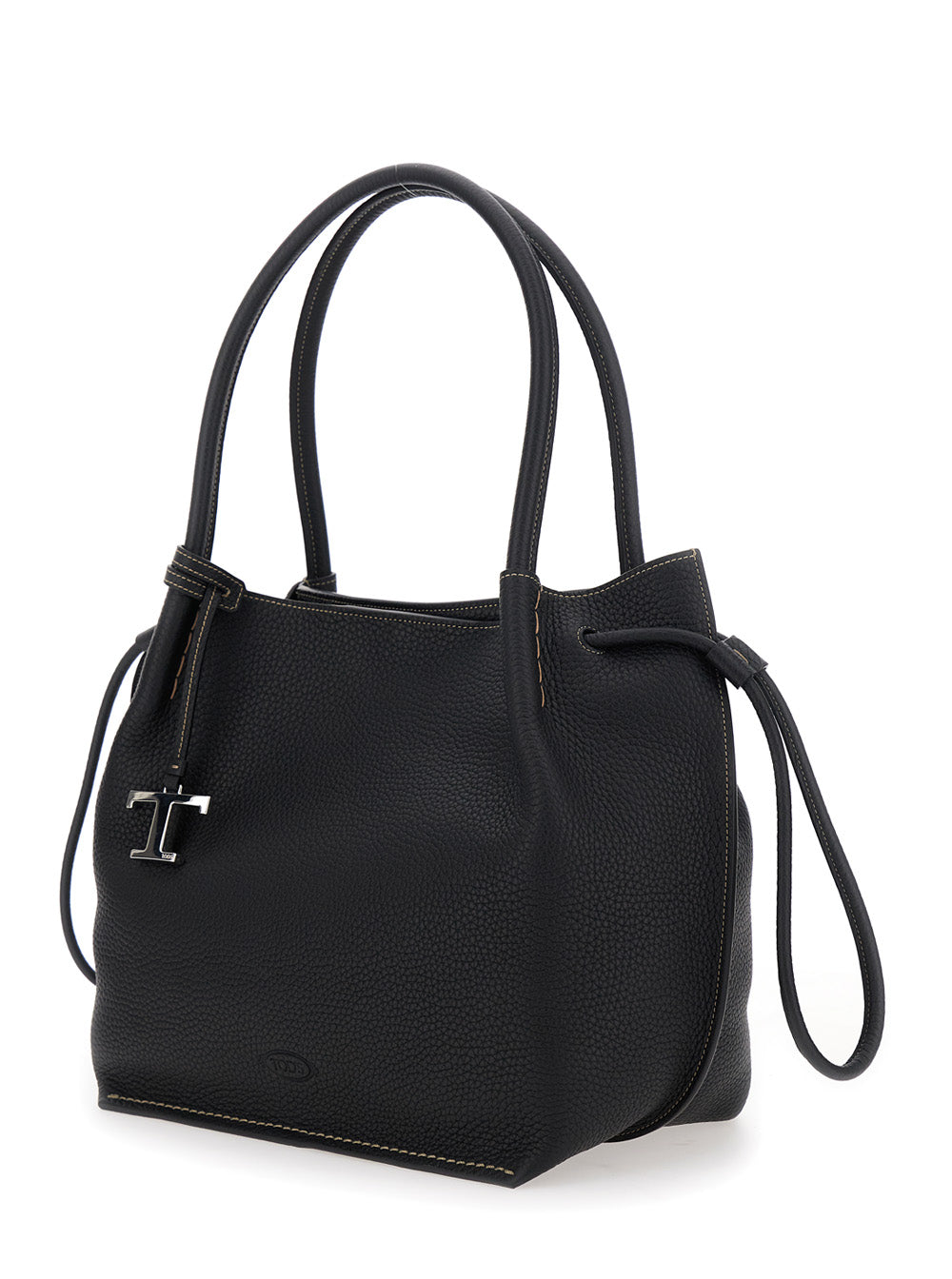 Tod's Women Black Shoulder Bag With Two Top Handles And Drawstring Closure In Grained Leather Woman