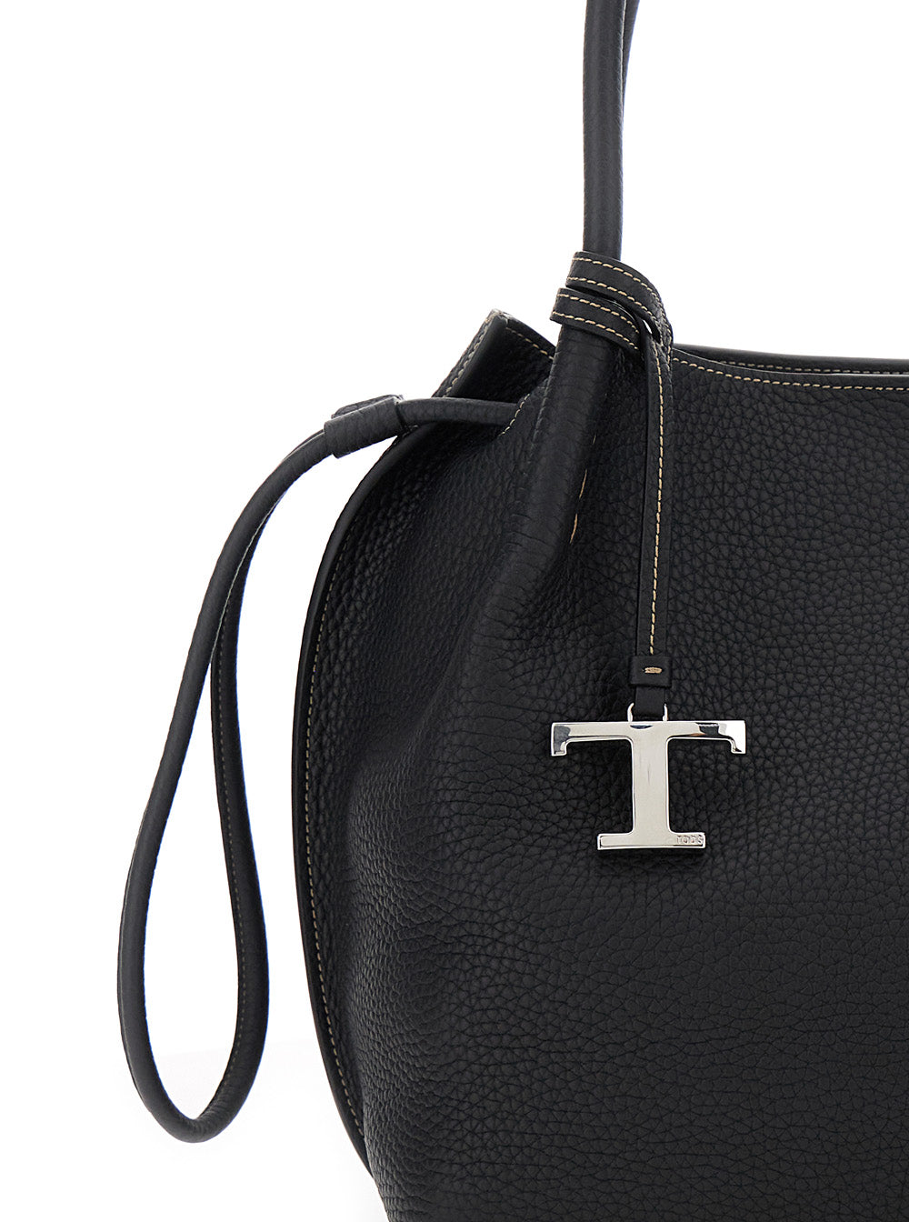 Tod's Women Black Shoulder Bag With Two Top Handles And Drawstring Closure In Grained Leather Woman