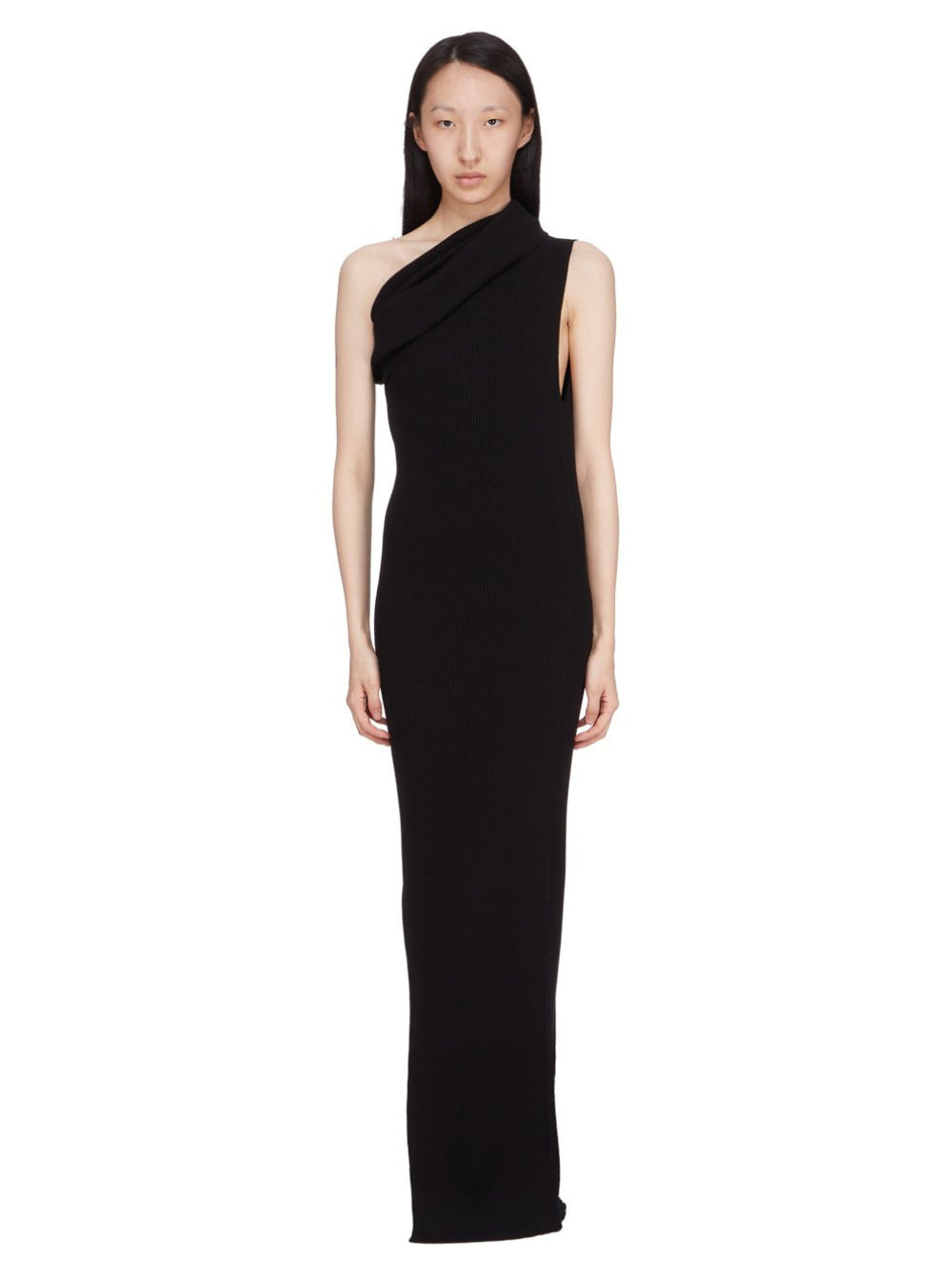 Rick Owens Women 'Athena' Black Ribbed Knit Sleeveless Asymmetric Long Dress With Wide Neckline In Viscose Blend Woman