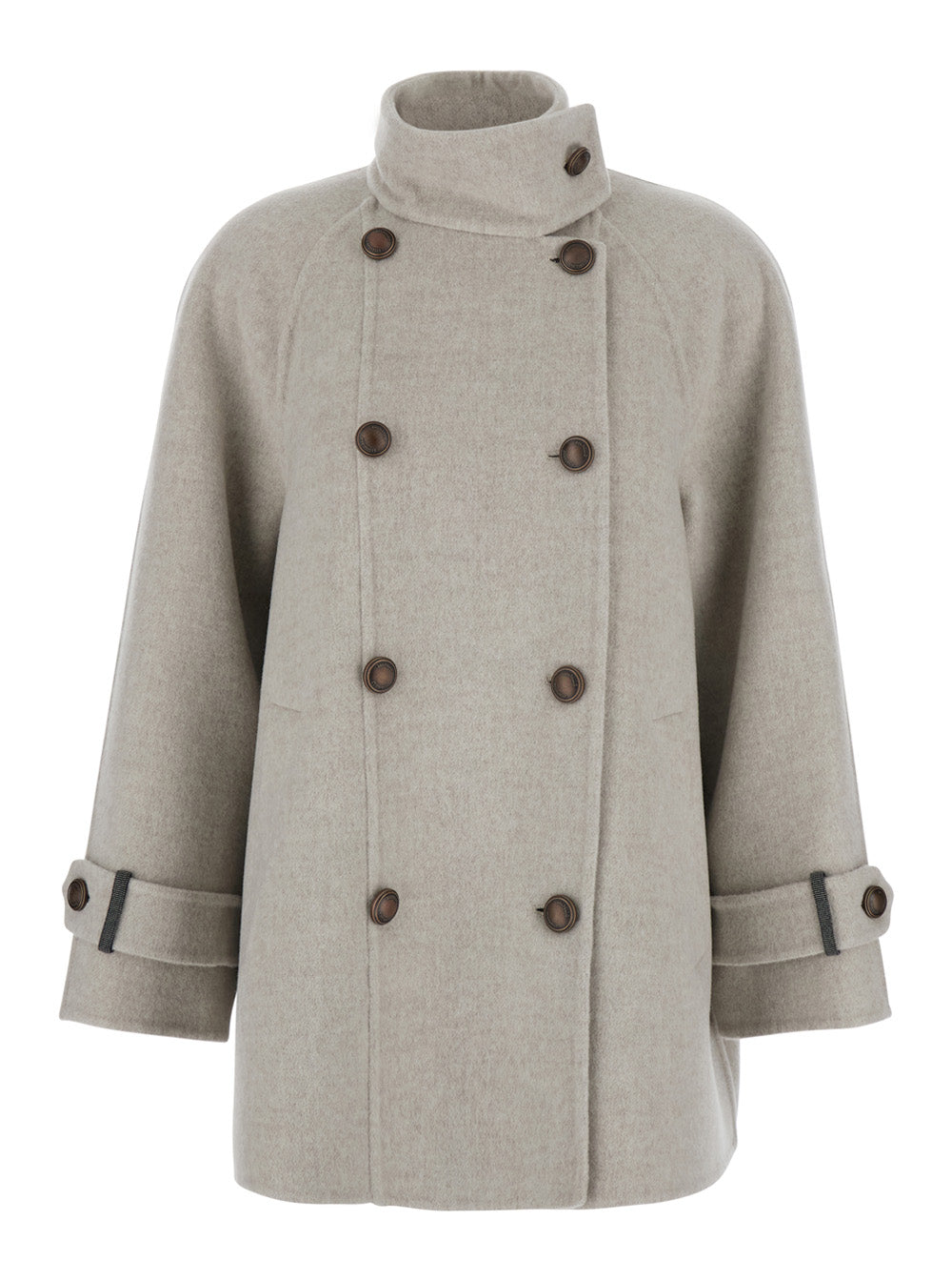 Brunello Cucinelli Women Beige Double-Breasted  Coat With High Neck And Wooden Buttons In Wool And Cashmere Woman
