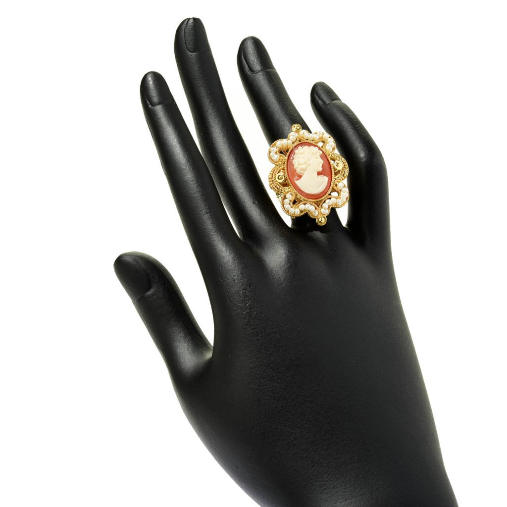 Cameo Italiano "Victoria" 18x13mm Portrait Cameo & Cultured Pearl Milgrain Ring by Steals