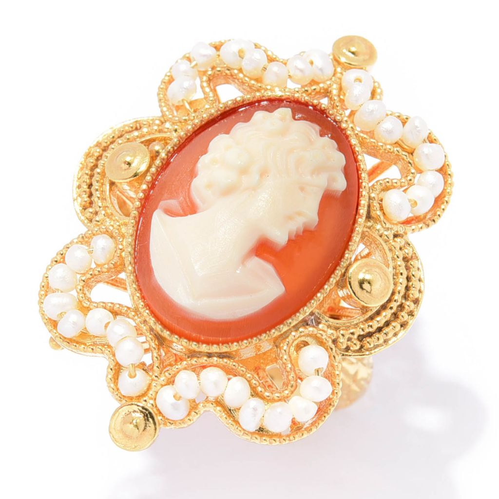 Cameo Italiano "Victoria" 18x13mm Portrait Cameo & Cultured Pearl Milgrain Ring by Steals